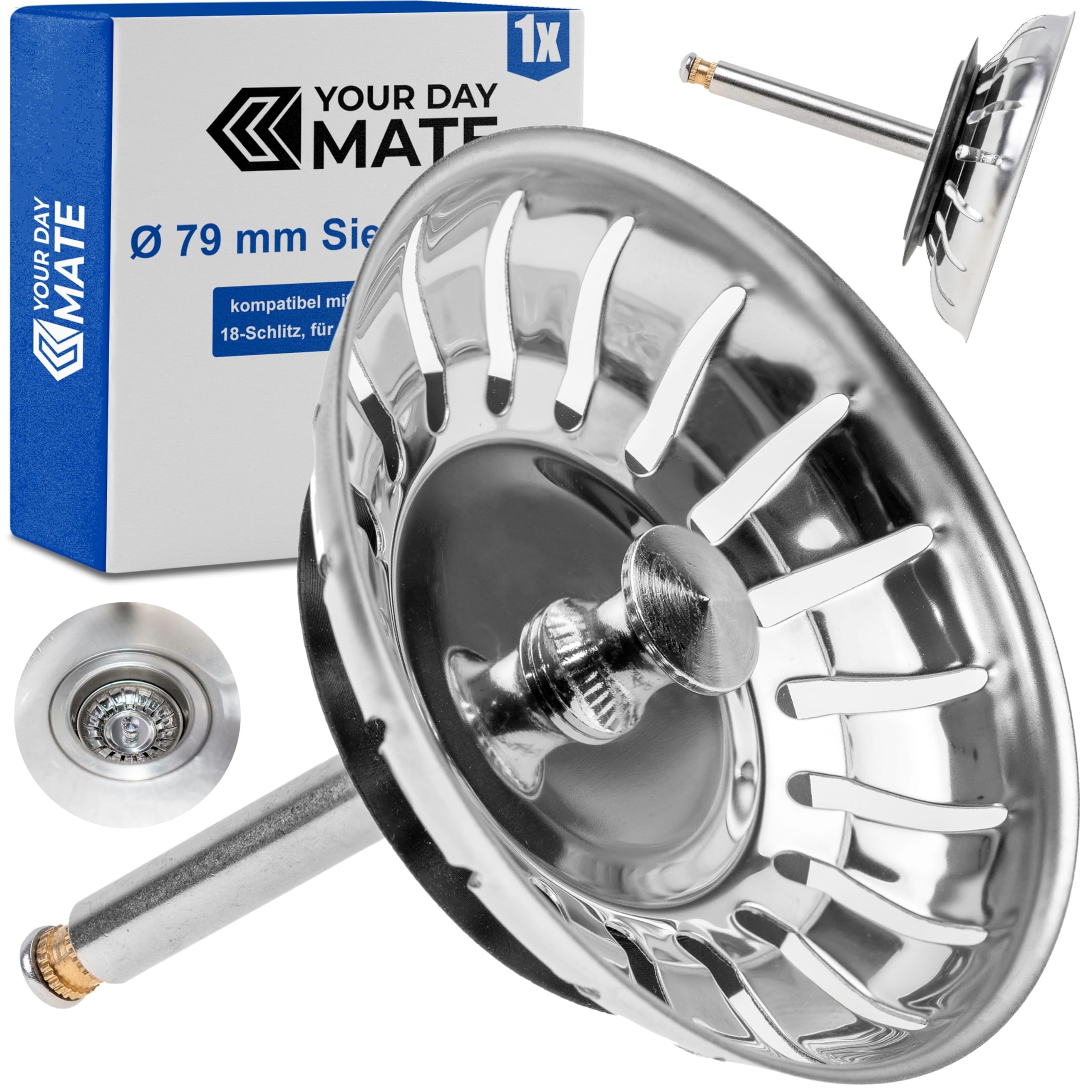 Your Day Mate Ø 79 Mm, For 119146 Sink Strainer Basket, Ø 79 Mm, Compatible With Blanco 119146, 3.5" Strainer Basket With 18 Slots, 52-97 Mm Eccentric Spigot, Ø 8 Mm Pin, Spare Part Kitchen Sink