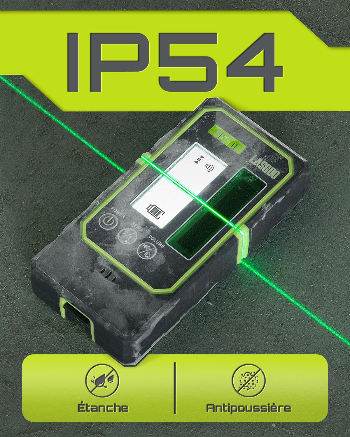 LasGoo Détecteur Laser LG-REC03 pour niveau laser, récepteur mode pulsé, portée 50 m, double écran LCD rétroéclairé, haut-parleur réglable, niveau à bulle et pince inclus.