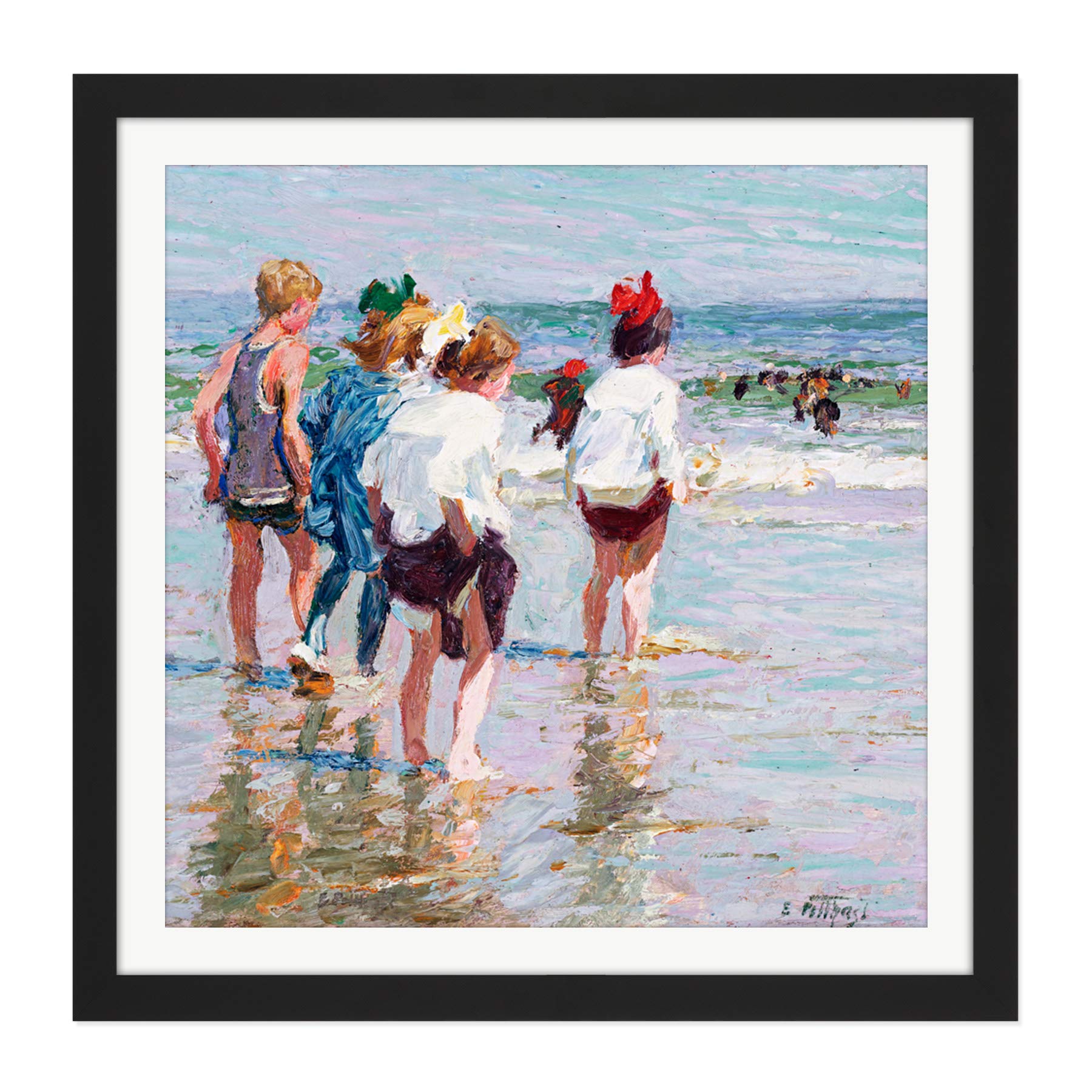 Potthast Summer Day Brighton Beach Painting Square Wooden Framed Wall Art Print Picture 16X16 Inch