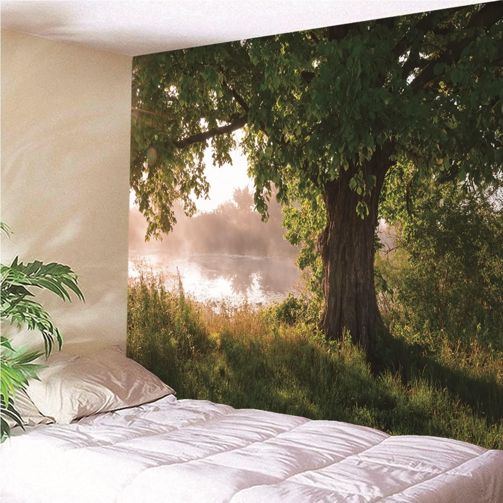 Tapestry Weaving - Arazzo da parete naturale, paesaggio, lago, albero e lago, in microfibra, 200 x 200 cm (larghezza x altezza)