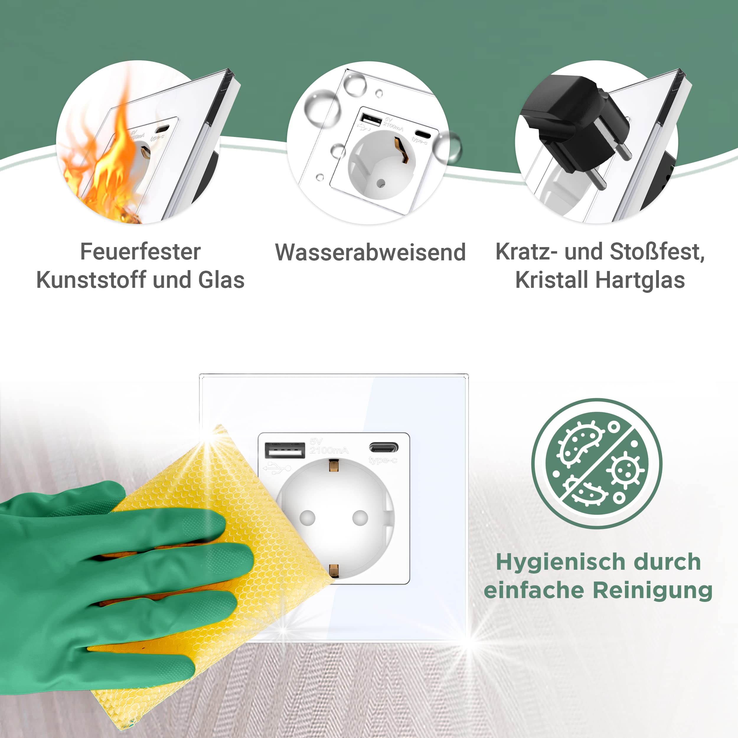 PULSAR Steckdose Unterputz mit USB-C, A 4-Fach Weiß Glas - Dose mit 20W Schnellladegerät 16A mit Kindersicherung 299x86mm