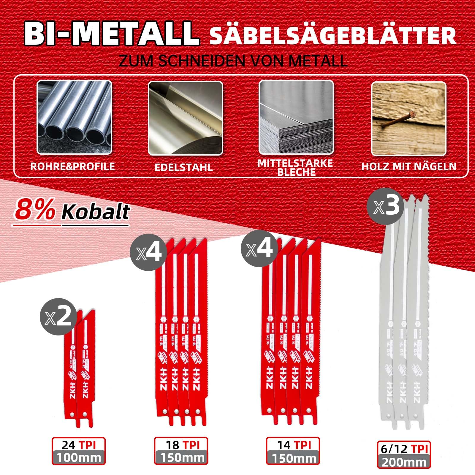 ZKH 35 Stück Säbelsägeblätter, Säbelsägeblatt aus CRV & BIM zum Schneiden für Holz & Metall & Kunststof mit Handtasche, Sägeblatt Säbelsäge für schnelle und saubere Schnitte