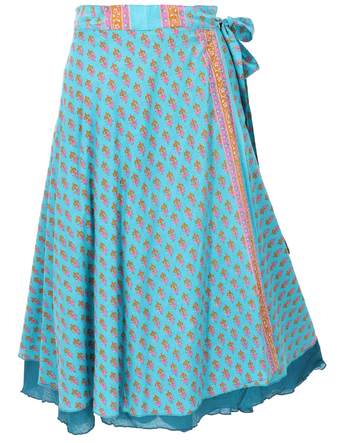 Langer Boho Wickelrock, Maxirock mit farbenfrohem Druck, türkisblau | Maxi-Länge, 100 % Baumwolle, lockere Passform, vielseitig tragbar, angenehm und nachhaltig