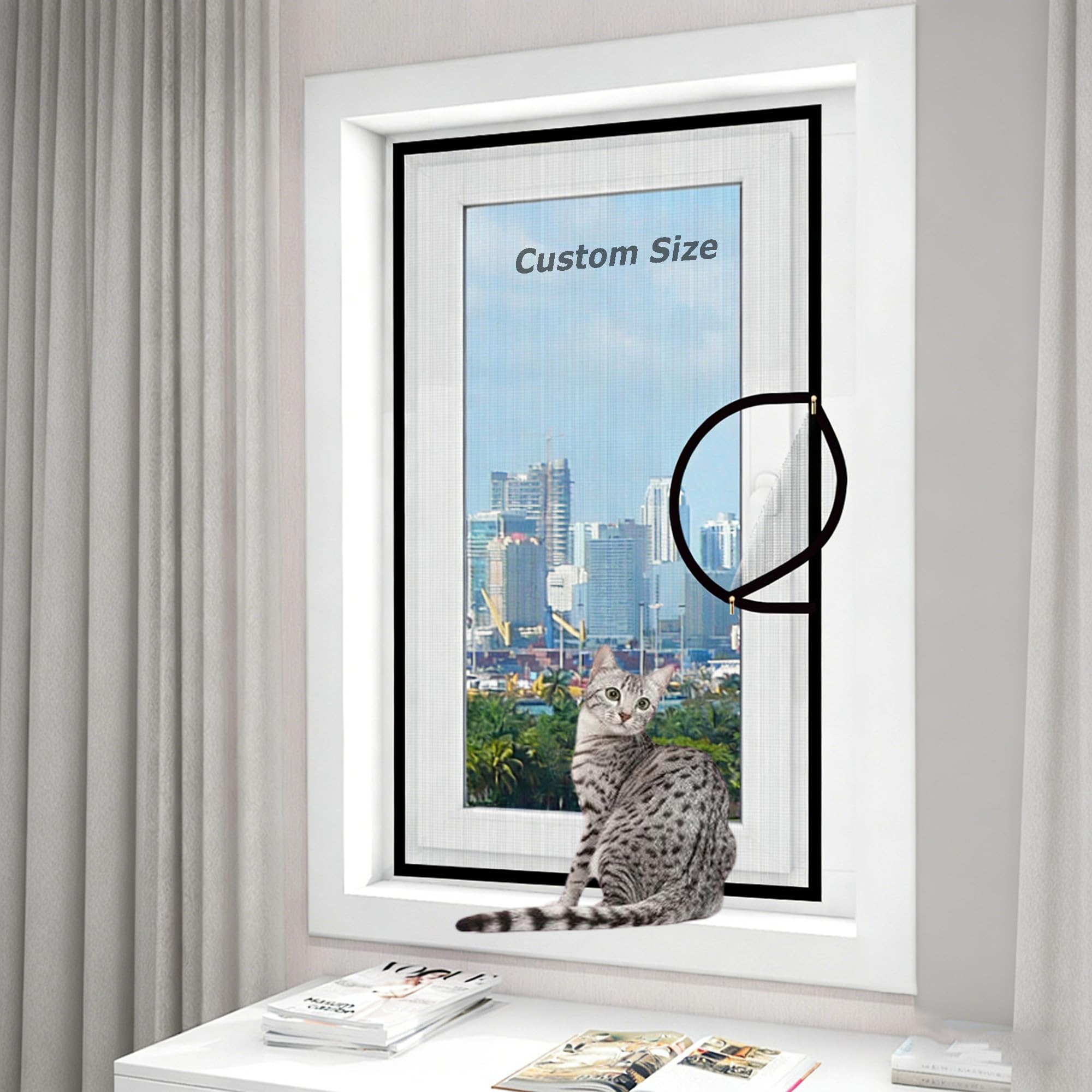 Duoleh White Sticky Tape, White Mesh Custom Size Fly Screen Mosquito Curtain, Self-Adhesive Cat Protection Window Guard With Zipper, Balcony Window Safety Screen Mesh, Keep Cats Safe Indoors
