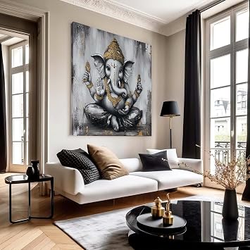 Glethua Lord Ganesha Canvas Wall Art, Indian God Wall Art, Spiritual Hindu Home Decor, Religious Ganapati Wall Painting Print, Boho Picture Decor for Living Room Bedroom 30"x30" | 76x76cm