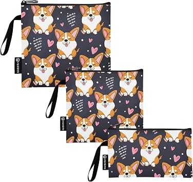 Cute Cartoon Corgi Dogs Dark Reusable Sandwich Snack Bags Washable Food Storage Pouch with Zipper for Travel Work School Office 3 Pack S/M/L