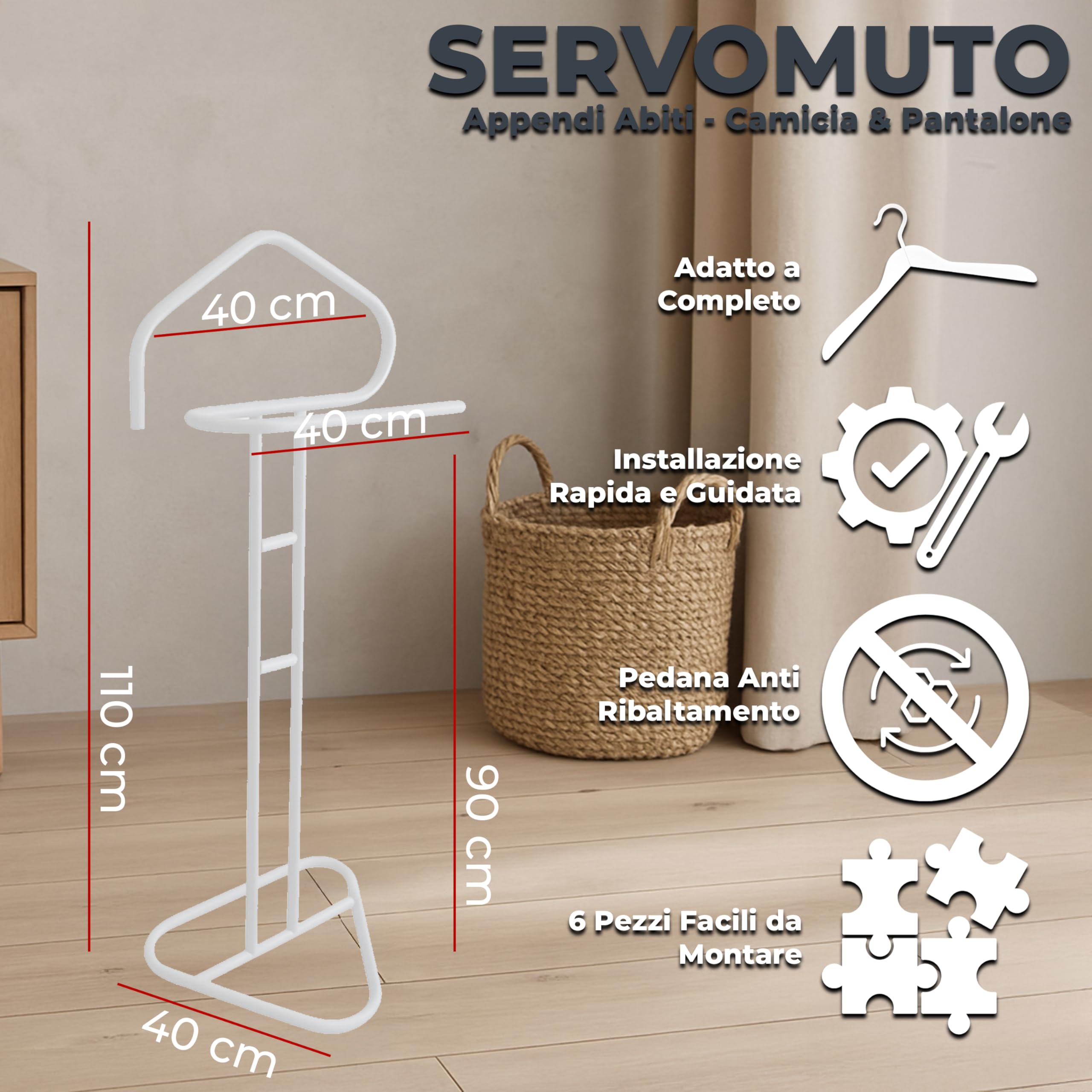 MAKA Servo Muto da Camera in Metallo, Porta Abiti Alto 110 cm, Omino Appendiabiti da Camera Letto, Uomo Morto Appendiabiti, Porta Vestiti per B&B, Hotel, Ostello, Indossatore Abiti da Terra (Bianco)