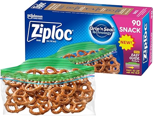 Ziploc Bolsas de aperitivos con textura EasyGuide, bolsas de almacenamiento de plástico con tecnología Grip 'n Seal, 90 unidades