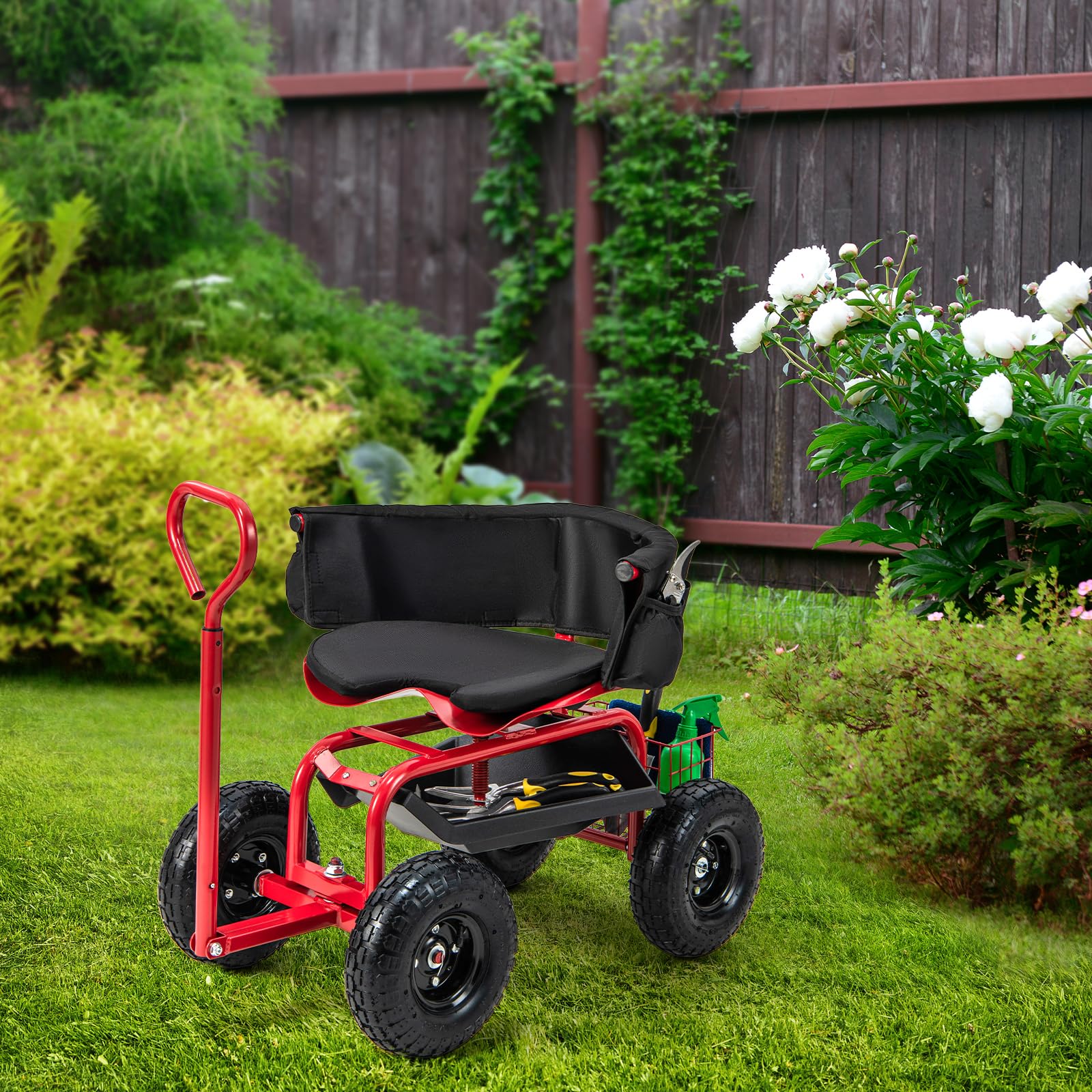 SOARS Rollsitz für Gartenarbeit, Gartensitz 360°drehbar, 60-69cm höhenverstellbar, Gartenwagen mit ausziehbarem Griff, Ablage & Korb, Arbeitssitz 135kg belastbar für Gartenarbeit & Autopflege