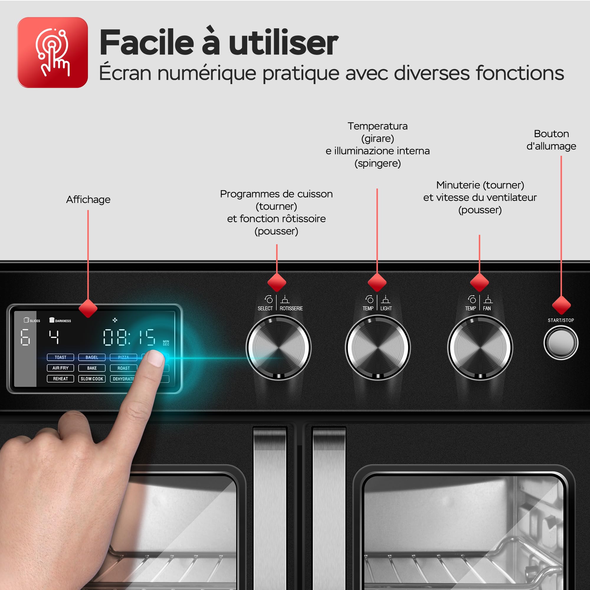 TurboTronic Mini four, four à air chaud 4 en 1 et friteuse à air chaud, version XXL 32 L, y compris tournebroche et de nombreux accessoires, plaque de cuisson, déshydrateur à partir de 25 °C & grill