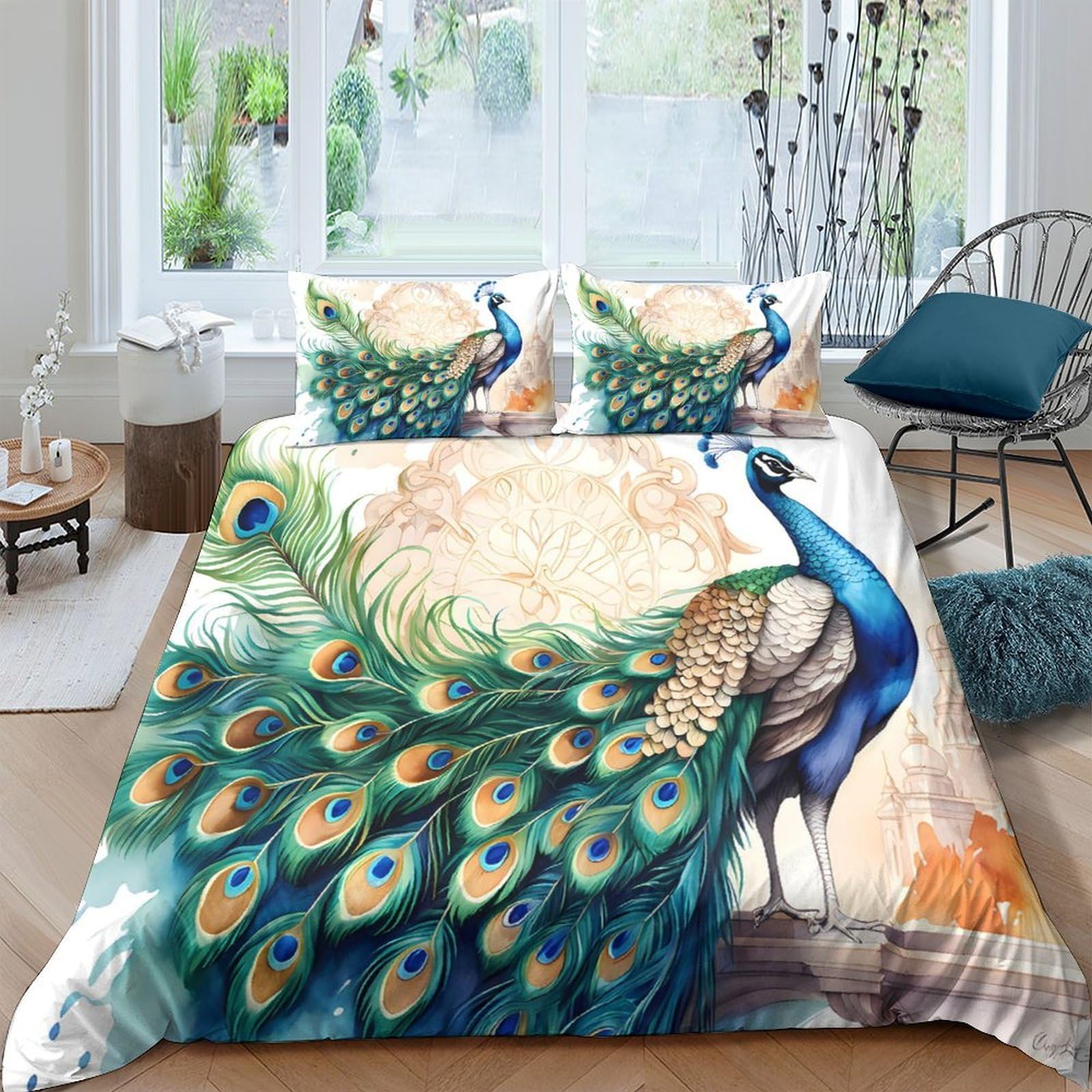 Ctjqhvkz Style-8 3D Printed Peacock Art Fitted Sheet Microfiber Vibrant Feather Bed Cover For Bedroom Guest Room Mattress Protection Decor Single（135X200cm）