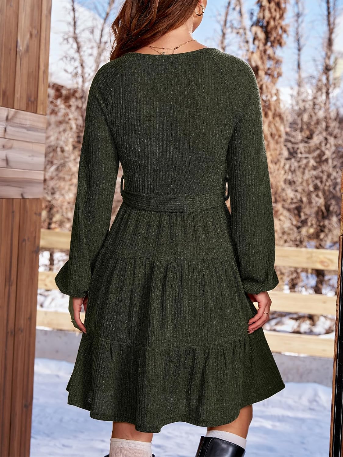 CUPSHE Women's Fall Sweater Dress Long Sleeve V Neck Waist Tie Casual Ruffle Mini Dress - Image 4