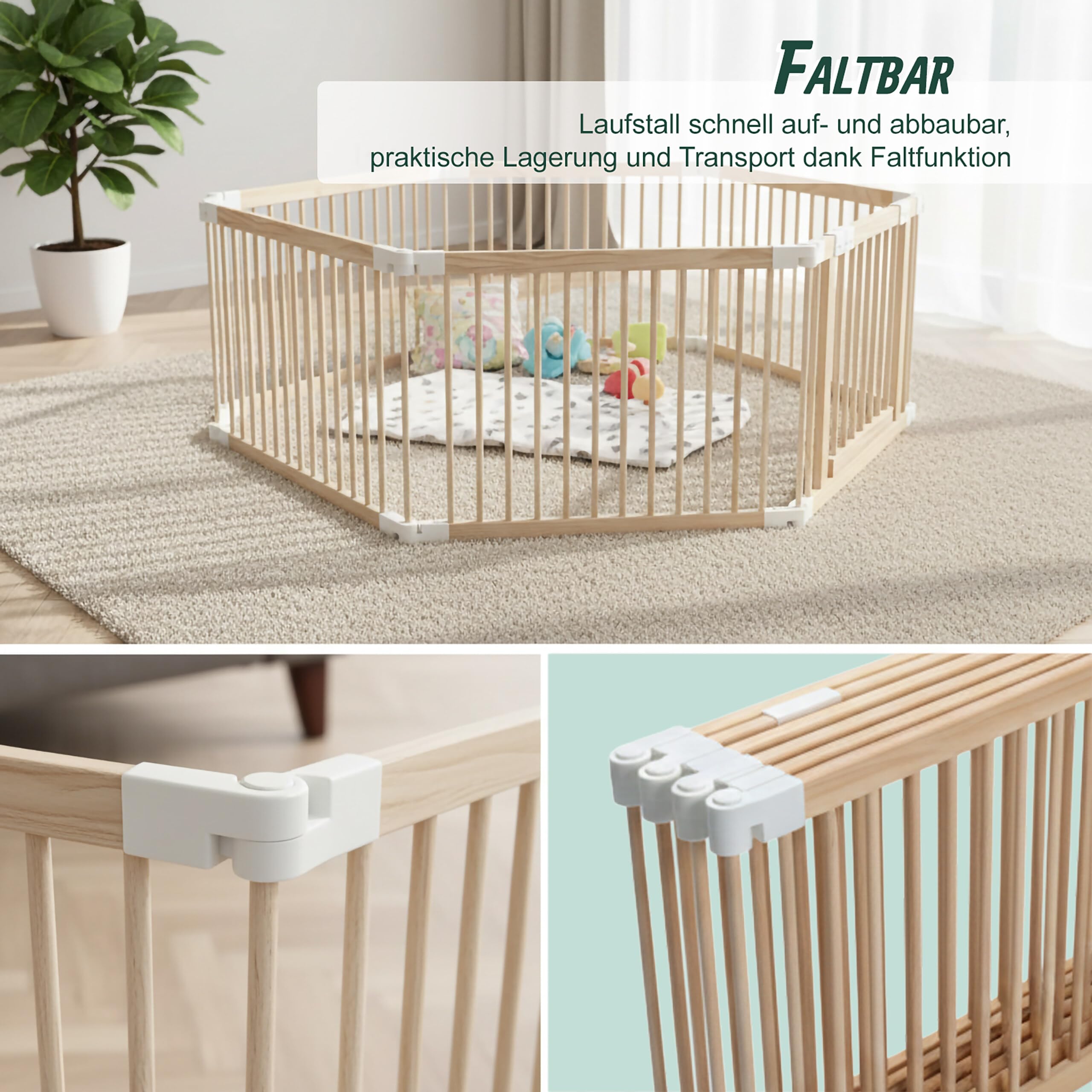 Relaxdays Laufstall Baby, Flexibles Laufgitter mit Tür, 8 Panel HxB: 61 x 84,5 cm, sichere Spielecke, Kiefernholz, Natur