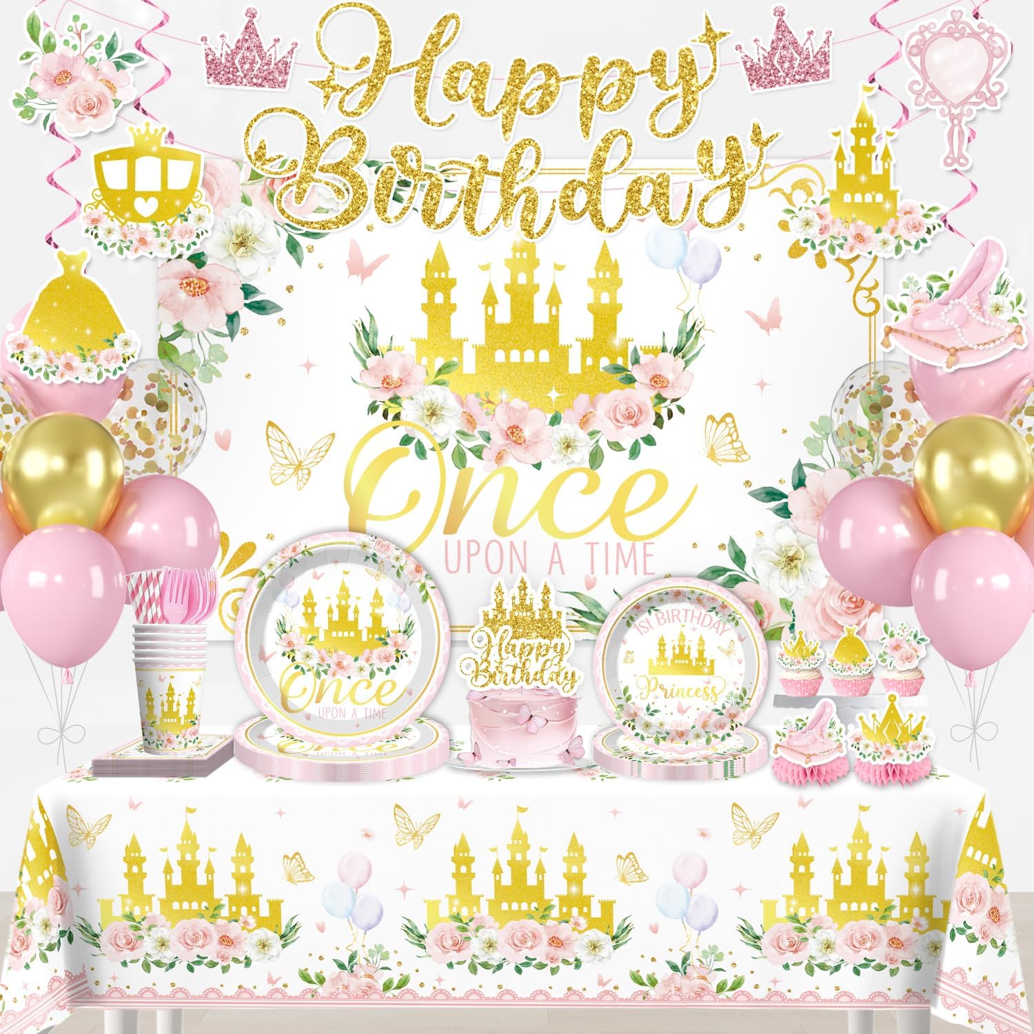206PCS Pink Once Upon a Time Birthday Decorations for Girls Set, 25 Guests | All-in-One Princess 1st Birthday Party Supplies, No-DIY Banner, Disposable Tableware and Matching Decorations, Easy Setup