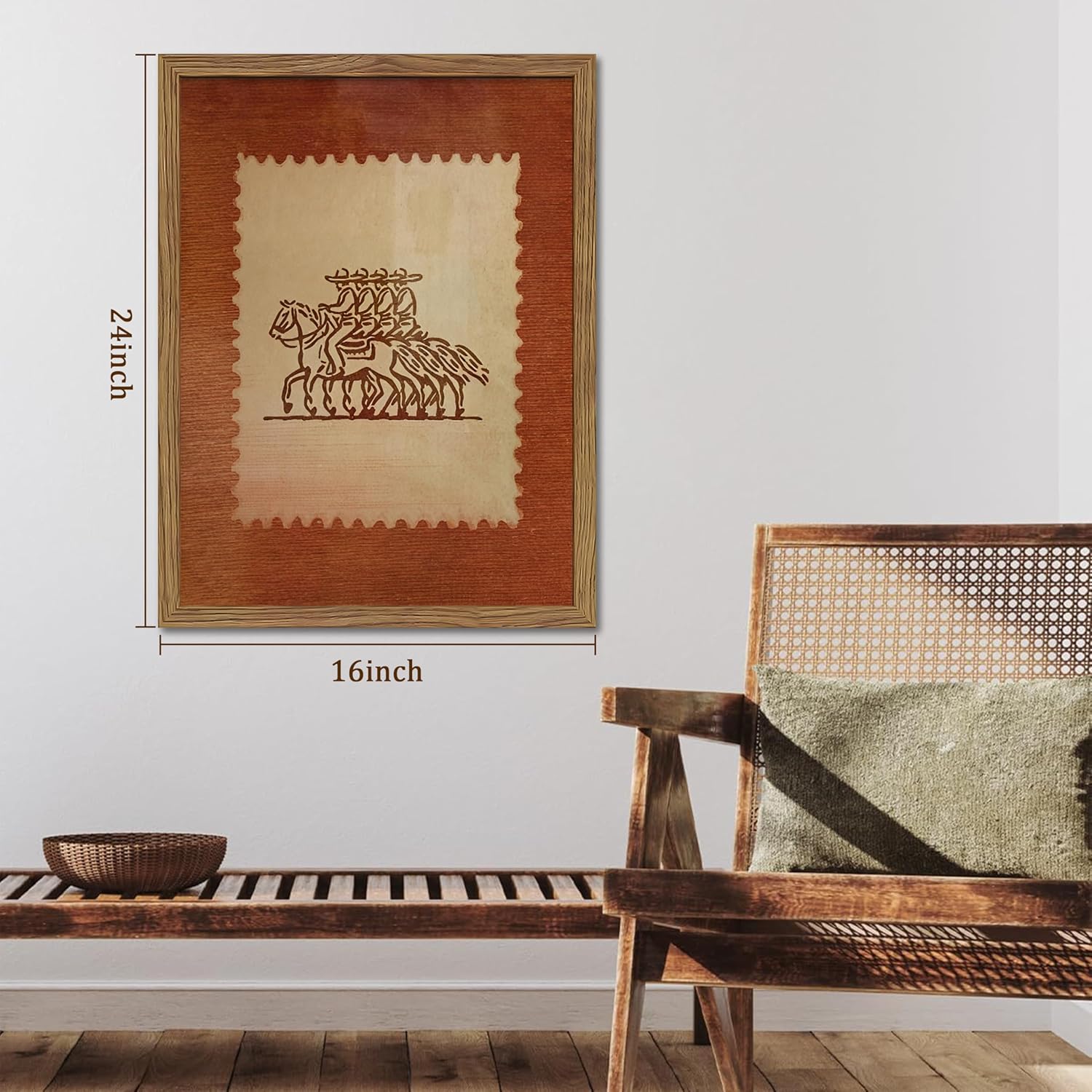 Framed Rustic Stamp Wall Art, Vintage Mexico Cowboys on Horseback Wall Decor, Earthy Tones Western Cowboy Canvas, Modern Farmhouse Pictures Prints for Bedroom Living Room – 16x24 inch