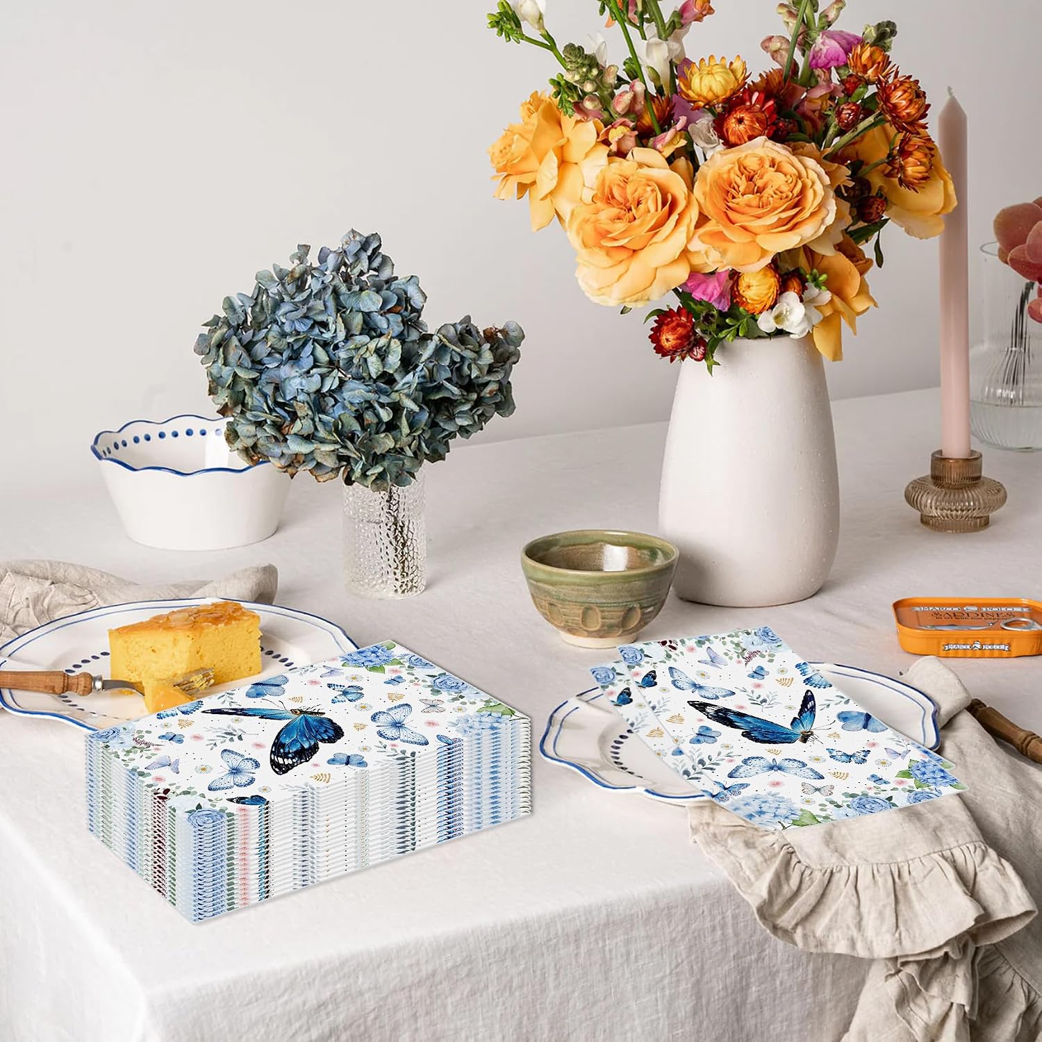 100 Pcs Blue Butterfly Paper Napkins Disposable Butterflies&Flowers Decorative Guest Napkin Soft Paper Hand Towels for Bathroom Bridal Shower Wedding Anniversary Tea Party image 3