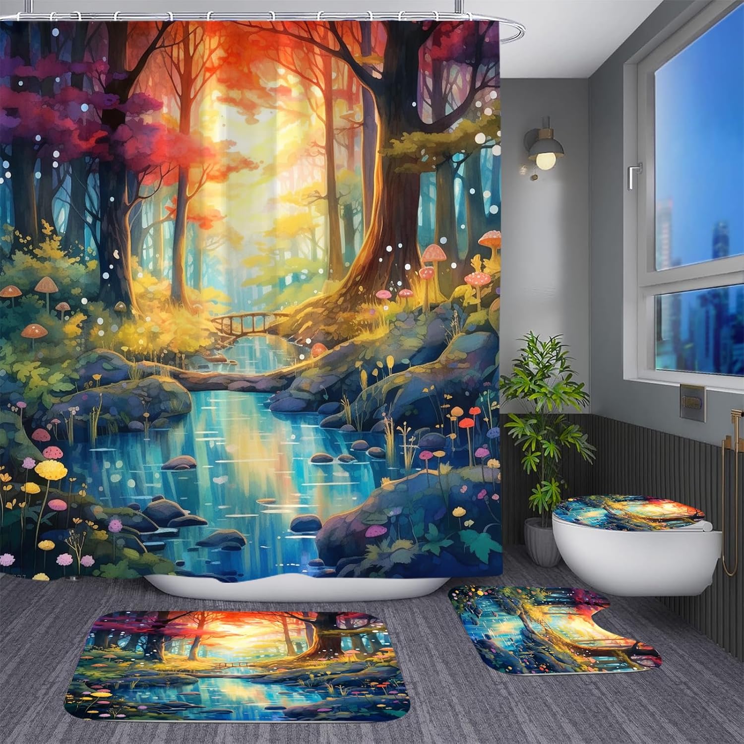 Beautiful Shower Curtain Forest Bathroom Decor 4 Pcs Woodland Tall Trees Shower Curtain Set Clear Stream Mushrooms and Flowers Bathroom Sets with Shower Curtain and Rugs, Toilet Lid Cover