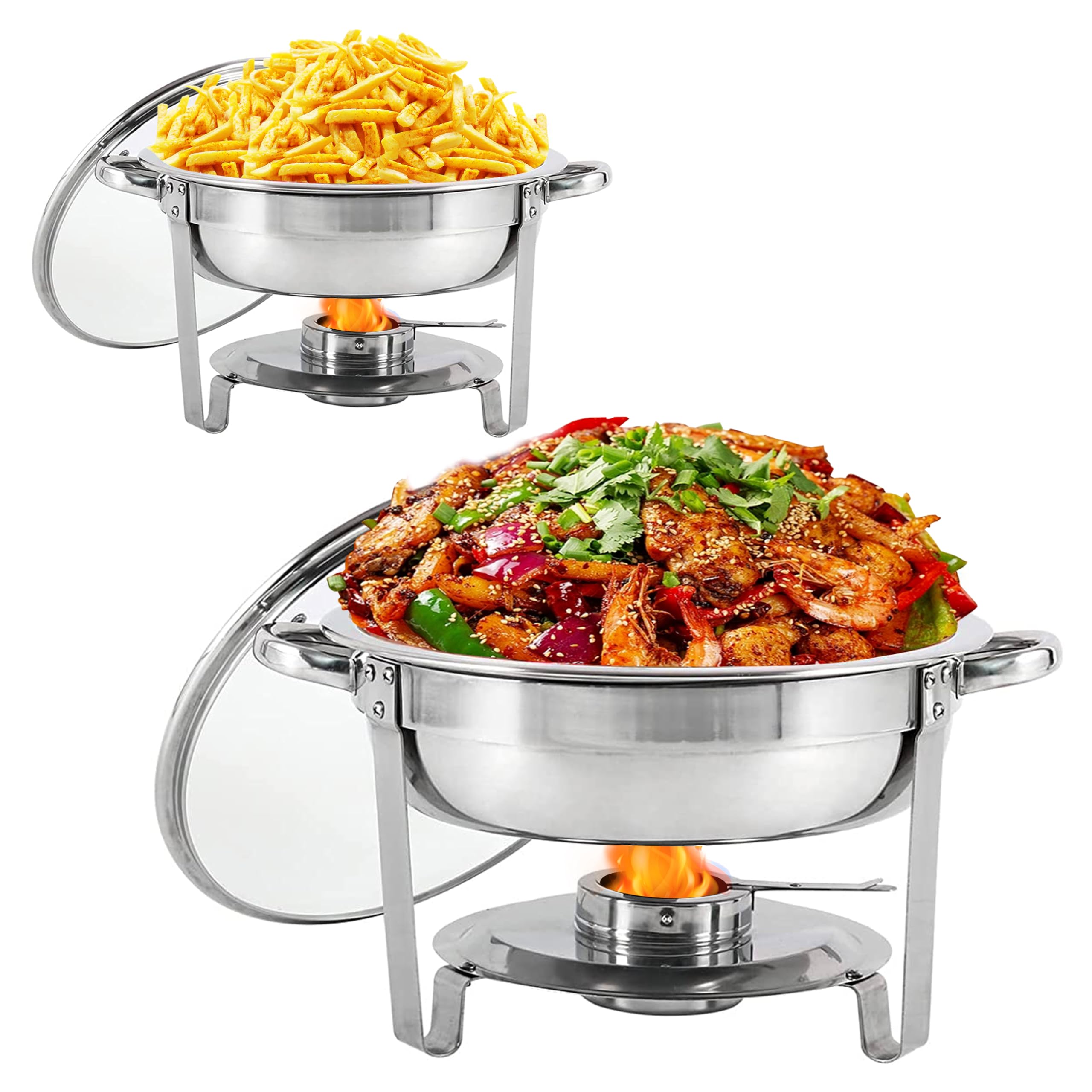HORESTKIT Round Chafing Dishes Stainless Steel Foldable Chafers and Buffet Warmers Sets, 5QT Foldable Complete Food Warmer with Glass Viewing Lid, 2 Packs