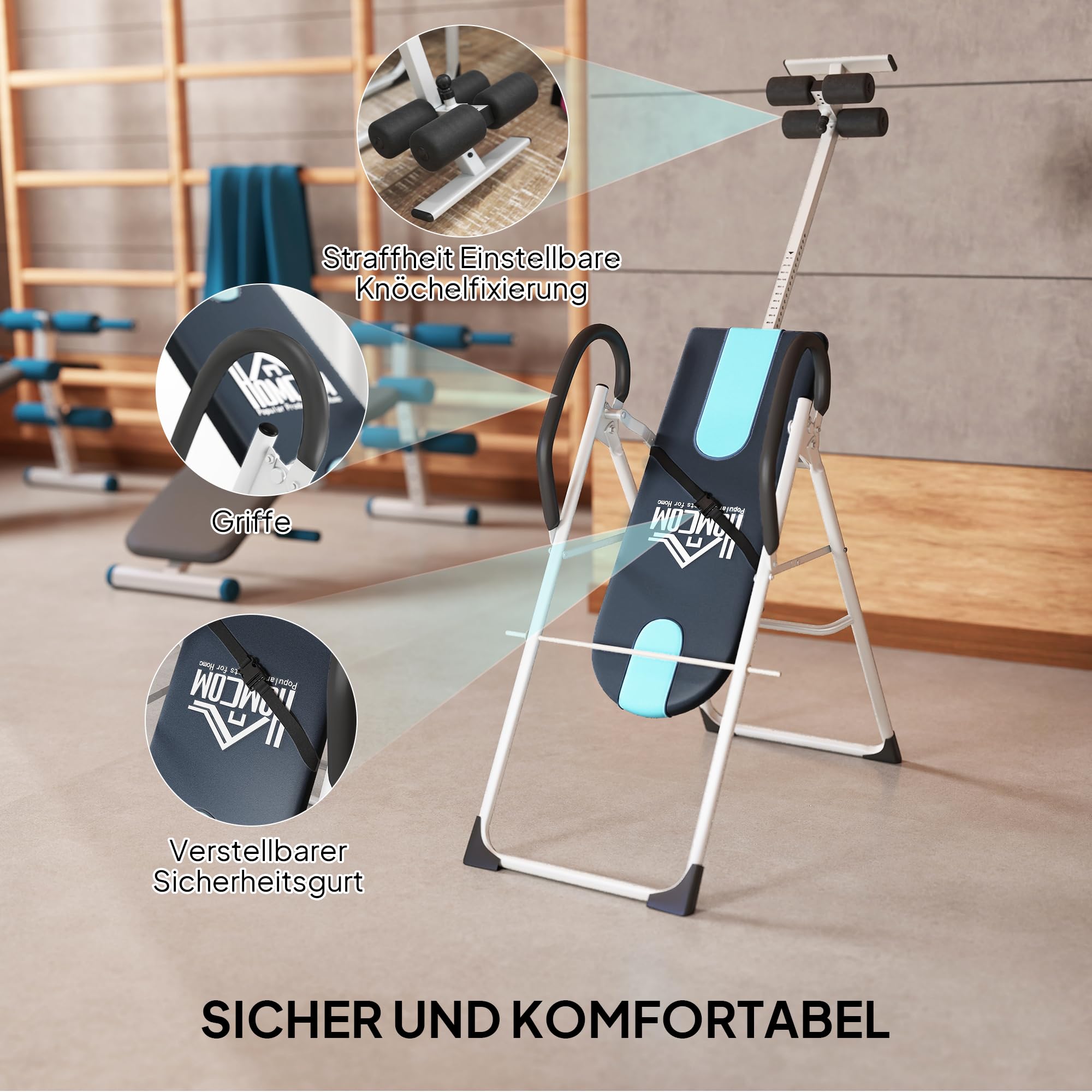 HOMCOM Inversionsbank klappbar Schwerkrafttrainer mit Sicherheitsgurt Inversionstisch mit Verstellber Inversionswinkel Streckbank zur Entlastung der Wirbelsäule, Rückentrainer unterstützt bis 136kg