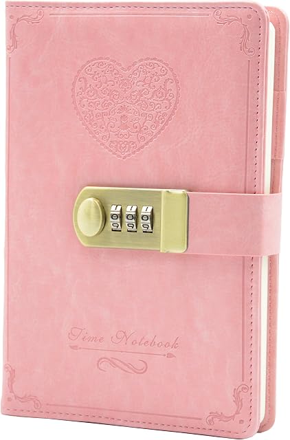 Lirener Retro Vintage PU Leather Password Lock Notebook(Heart Pattern), Secret Diary Journal Sketchbook Daily Planner Agenda Notepad with Combination Lock Pen Holder and Card Slots, 135x200mm