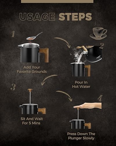 Miniatura 6 de POLIVIAR - Cafetera de prensa francesa, prensa de café de 34 onzas con mango de madera real, aislamiento de doble pared y pantalla de doble filtro,