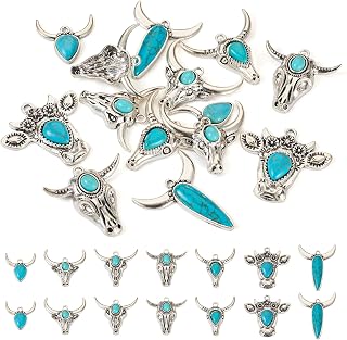 Pandahall 14Pcs Cattle Head Turquoise Charms Tibetan Turquoise Pendants 7 Styles Western Charms for Women Jewelry Making Bracelet Necklace Earring DIY Crafts