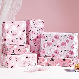Ulmasinn Pink Halloween Wrapping Paper - Kawaii Spooky - Sweet Gift Wrap with Ghosts, Bats & Watercolor Pumpkins - 20x29-8 Sheets for Gift Bags & Party Favors