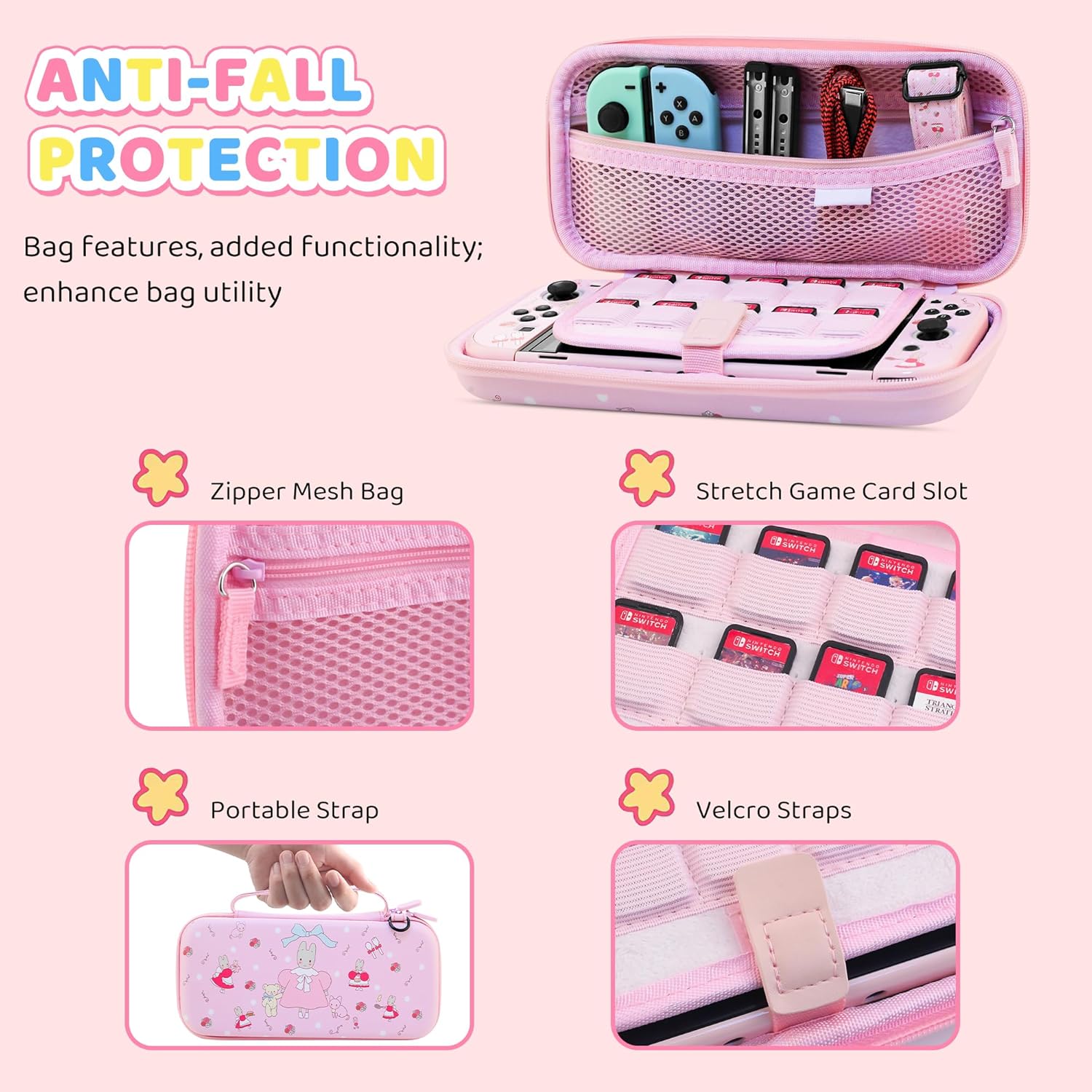 HYPERCASE Pink for Nintendo Switch OLED Case Accessories Kit, Cute Switch OLED Carry Travel Bag with Shoulder Strap, Hard Cover Skin with Screen Protector & 2 Thumb Caps -Cartoon Bunny - Image 2