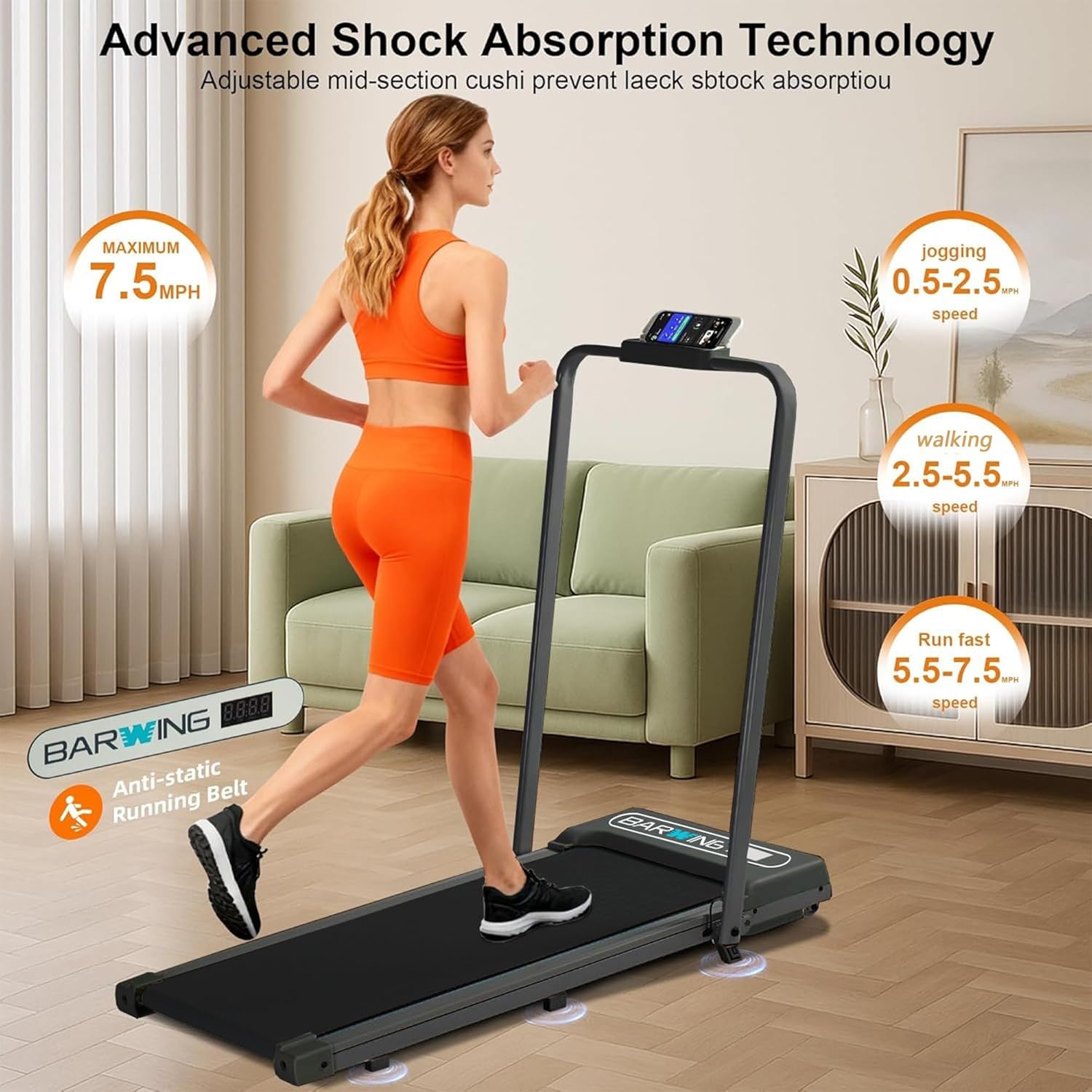 BARWING Foldable Incline Walking Pad 3.0/3.5 HP Treadmills for Home, 7.5/8.5 MPH Under Desk Treadmill with Handles, Foldable Treadmill with Quiet Brushless, 330 LBS Weight Capacity