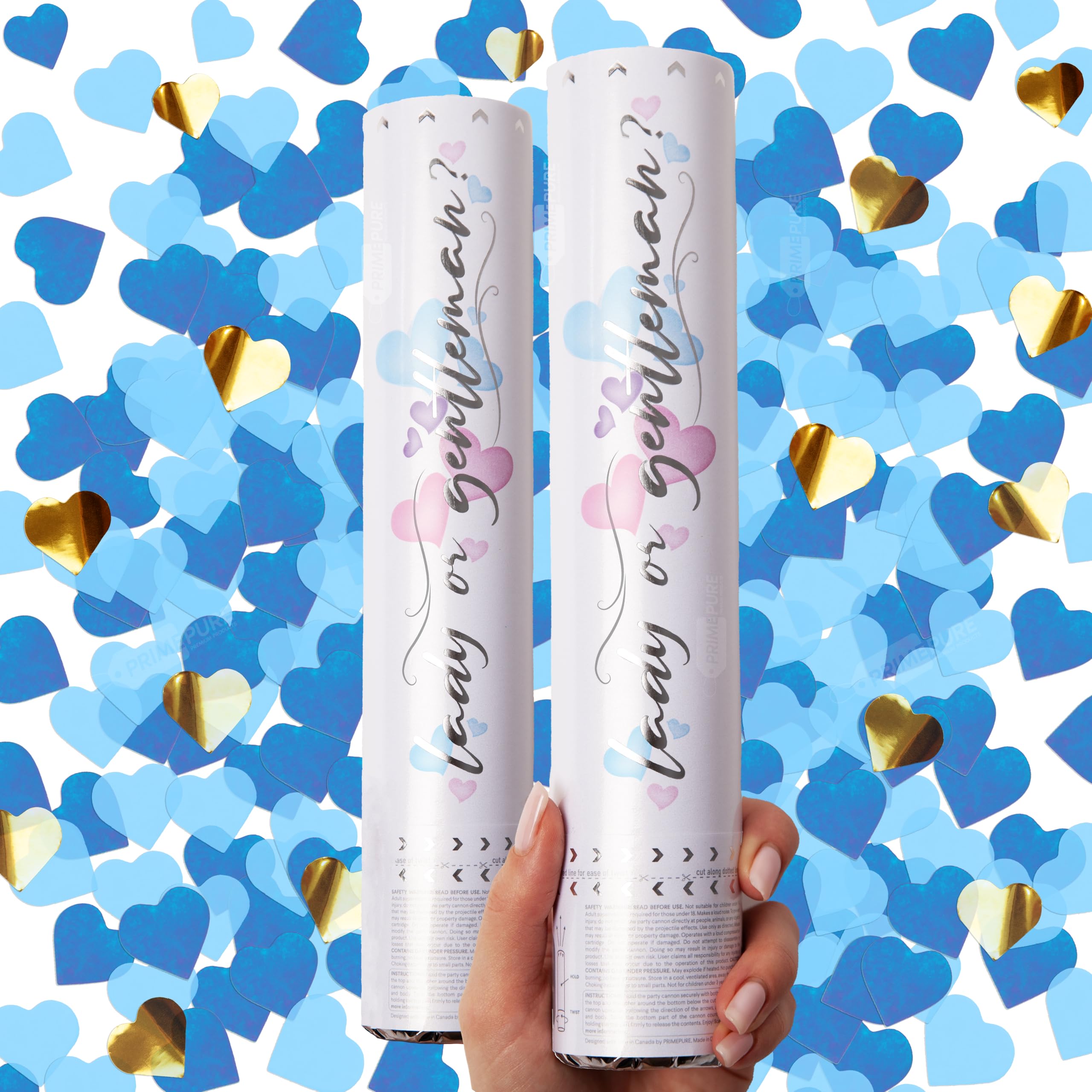 PrimePure Gender Reveal Konfettikanone – Herzförmige Konfettikanone – Blau, 2 Stück – Herz Konfetti Kanonen für Geschlechtsverkündung Baby Jungen