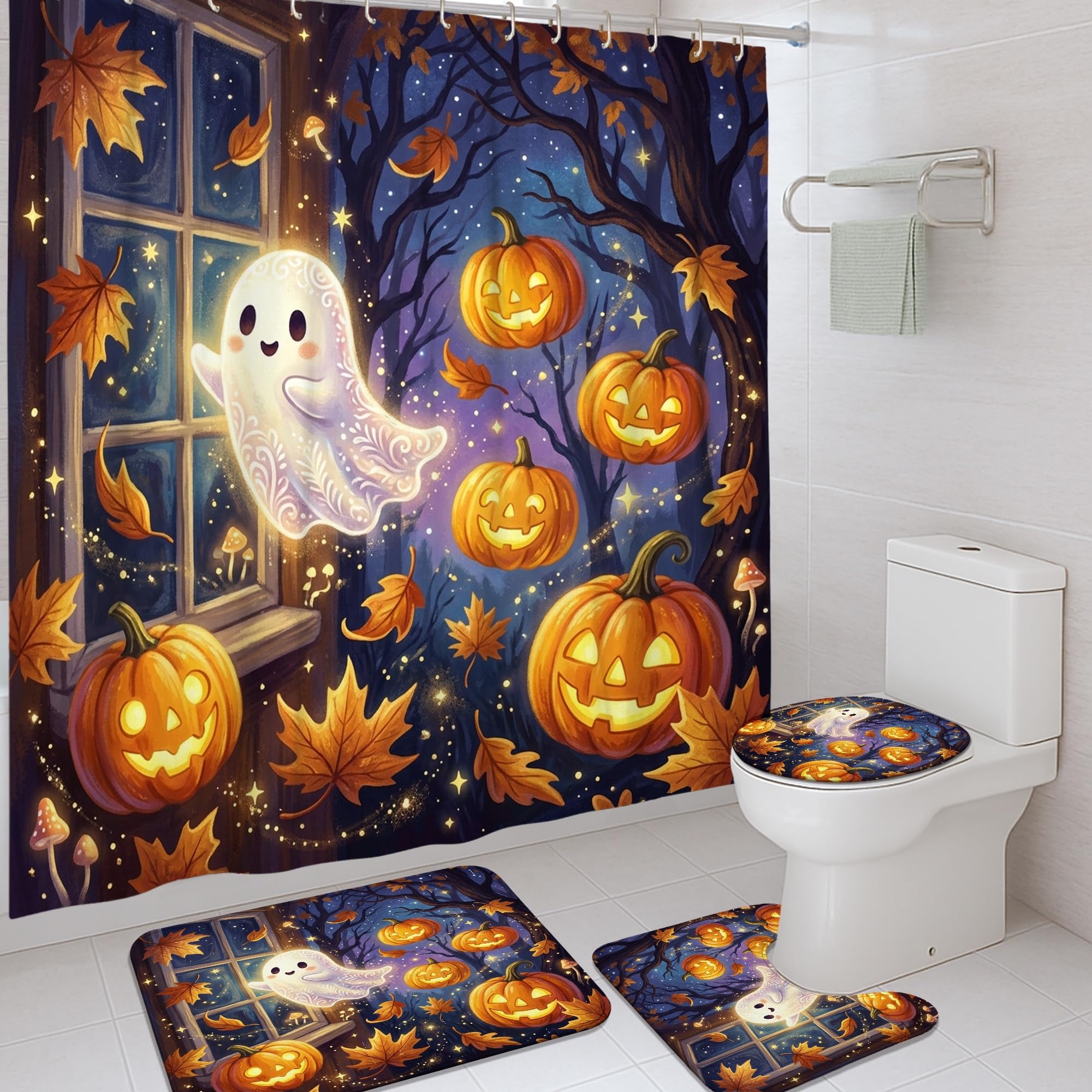 Rideau de douche citrouille Halloween lavable avec tapis antidérapant pour déco de bain 183x183