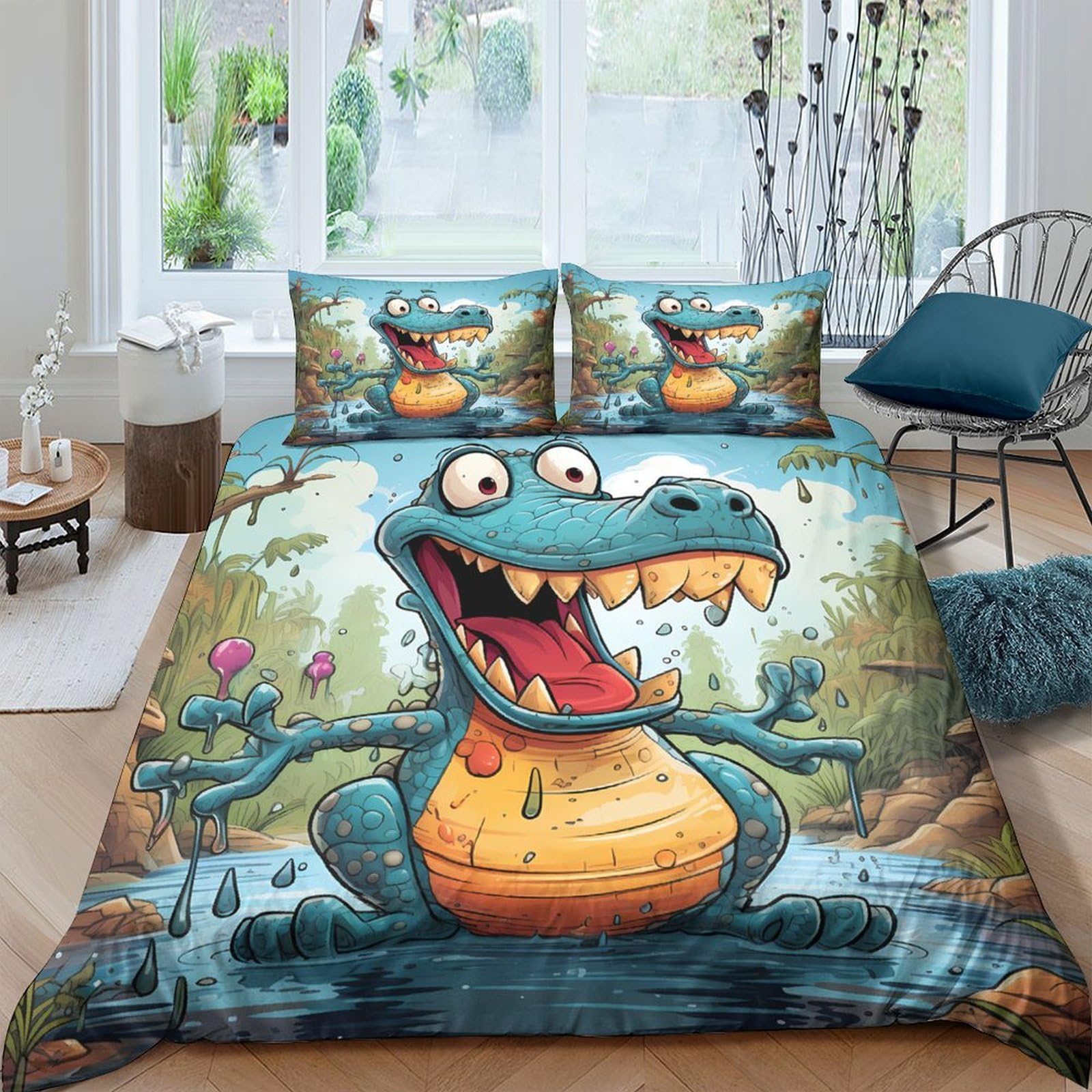 TUFRTGYHN 3D Printed Cartoon Dinosaur Duvet Cover Microfiber Soft Breathable Forest River Bedding Set with 2 Pillowcases for Bedroom Decor Single（135x200cm）
