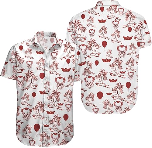 HUNTFAMI Camisa hawaiana de película de miedo, personajes de películas de terror, camisa casual con botones, regalos para Halloween, regalos de