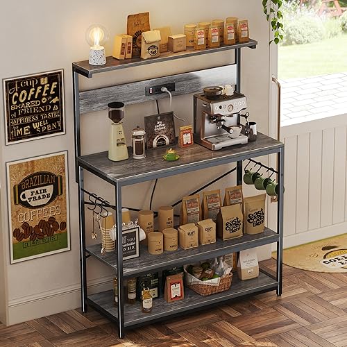 Miniatura 112 de SUPERJARE - Estante de cocina con toma de corriente de 4 niveles, soporte de microondas de cocina con 6 ganchos en forma de S, estante de Marrón