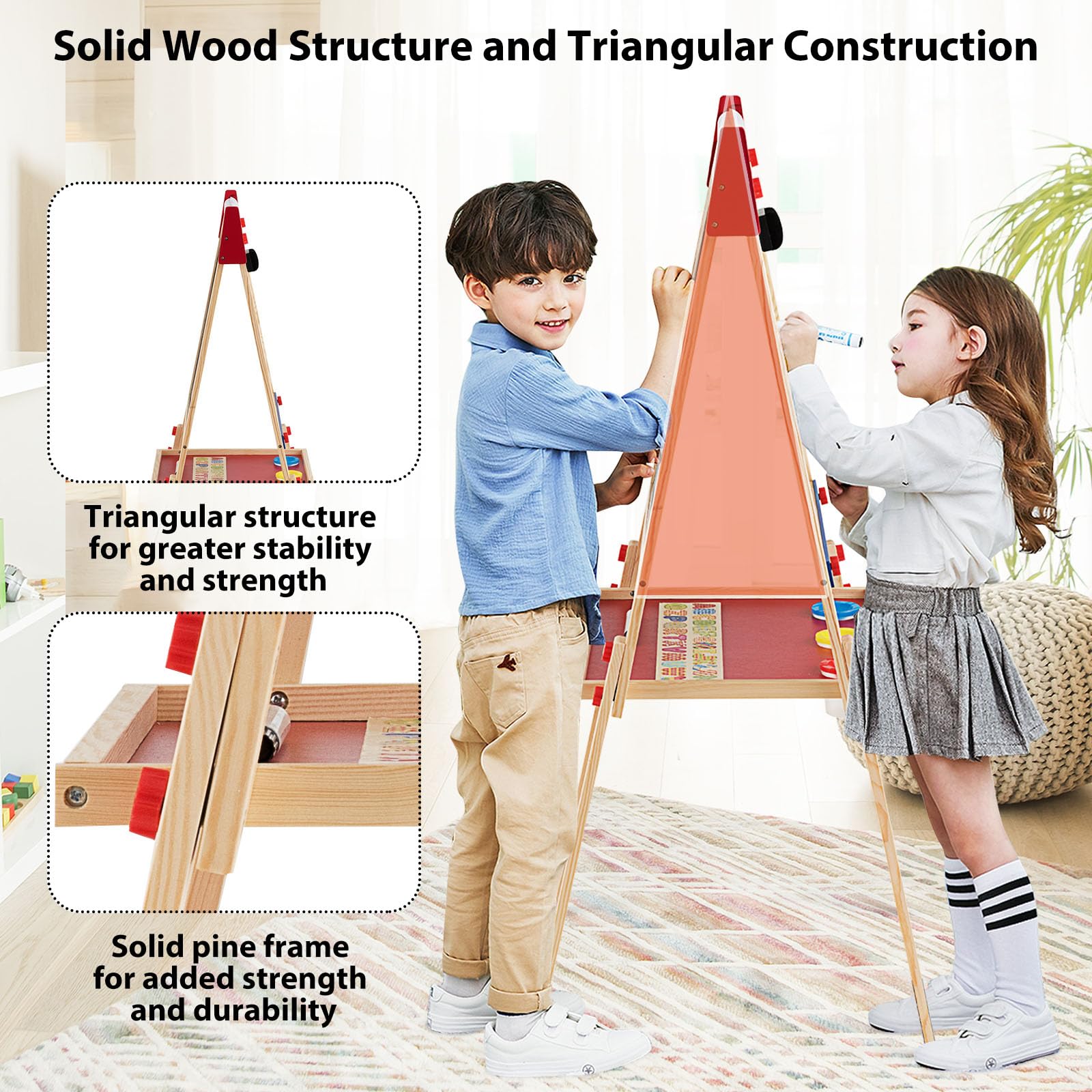 HOMASIS 3 in 1 Lavagna per Bambini con Rotolo di Carta, Cavalletto Pittura Bambini con Lavagna Doppia Faccia, Altezza e Ripiano Regolabile, Struttura in Legno di Pino, 60 x 55 x 112,5-124,5 cm