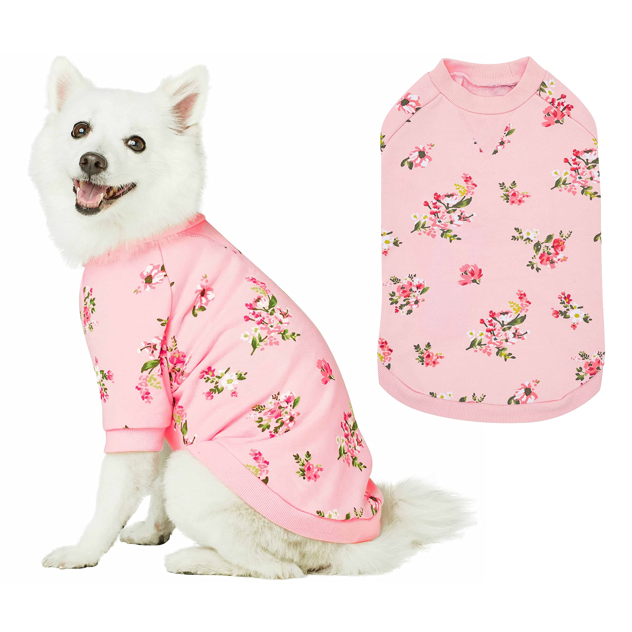 Blueberry Pet Floral Rose Print Pullover Sweatshirt for Dogs, 8 inch Back Length, Lightweight Spring Outfit in Baby Pink