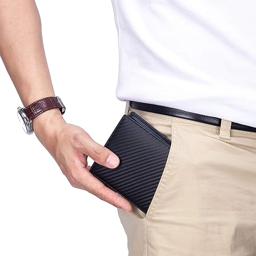 Miniatura 7 de MFFOR Billetera para hombre de cuero flexible con ventana de identificación bolsillo con cremallera para monedas delgado con bloqueo RFID Negro,