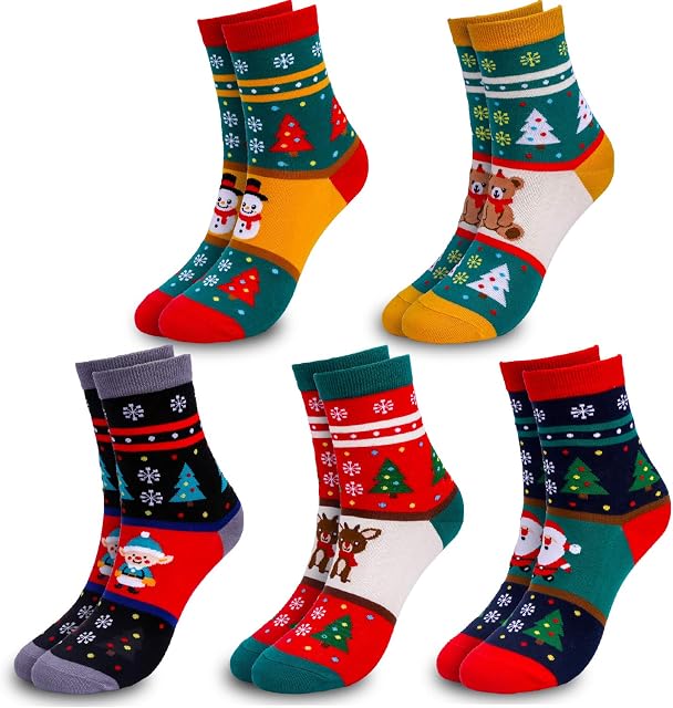 Qpout 5 Pairs Christmas Socks Crew Socks Funny Christmas Casual Socks Soft Stretchy Christmas Holiday Unisex Winter Warm Cotton Thermal Socks for Boys Girls Men Women