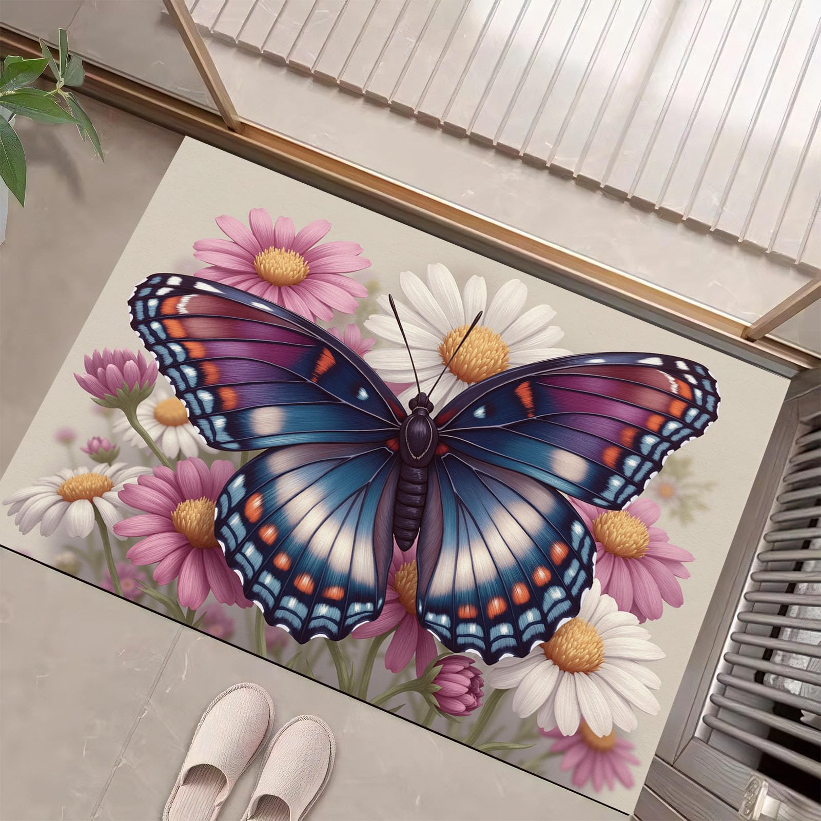 Paillasson extérieur entrée lavable à motif papillons et marguerites
