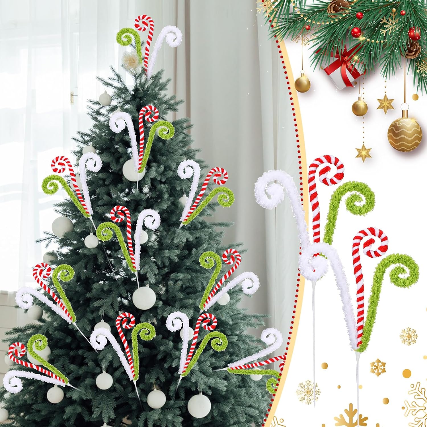 White Red and Green Christmas Tree Decor 16" Candy Cane Tree Pick Lime Green Xmas Topper Ornament Curly Stem Large Lollipop Branch Stick Elf Pick Spray for Home Wreath Vase Filler Craft Holiday Party - Image 4