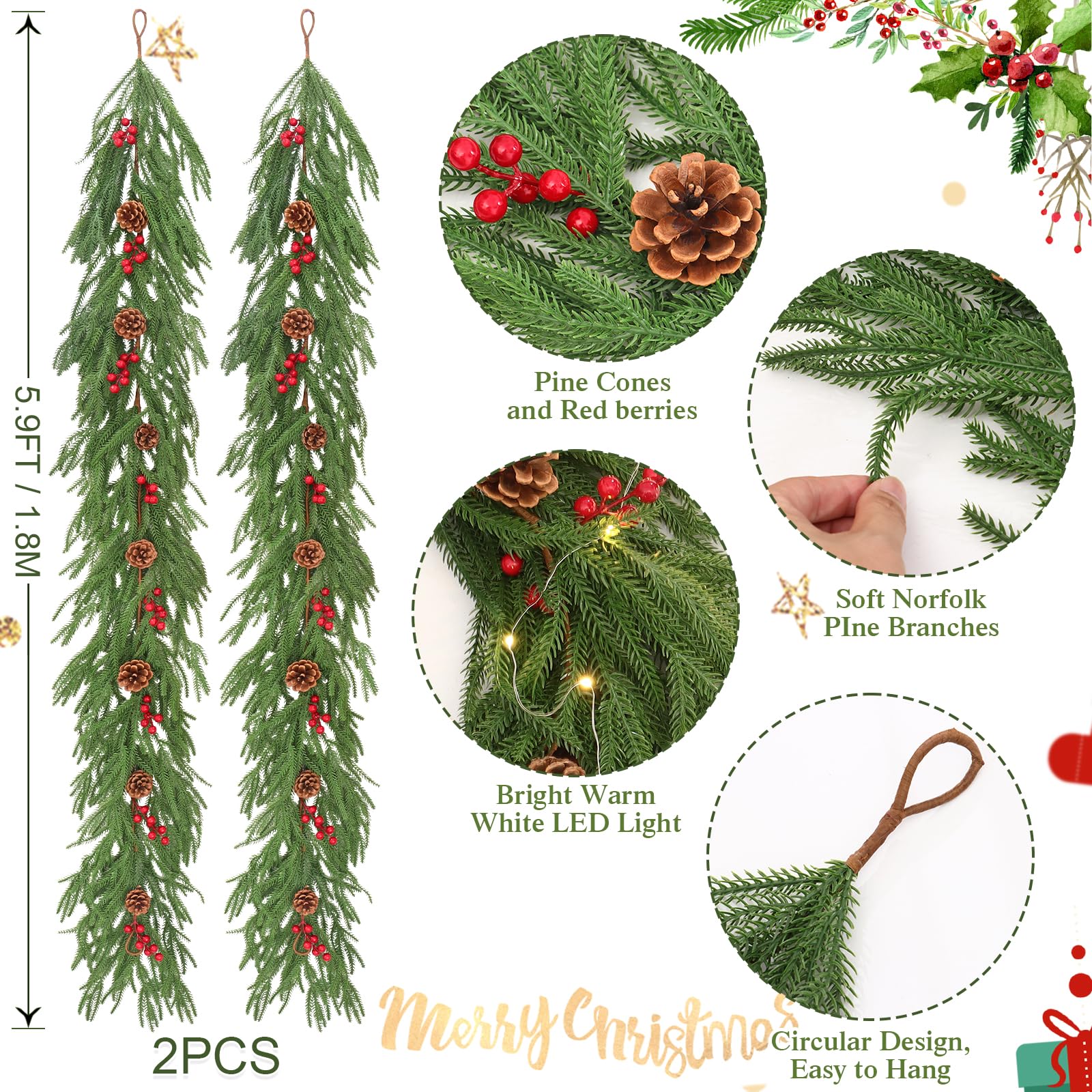 Dremisland 2 Stück Weihnachtsgirlande mit 100 Beleuchtung Künstliche Norfolk Girlande Weihnachten Kieferngirlande Tannengirlande Weihnachten Deko Grün Norfolk Kiefer Girlande Rot Beeren Adventskranz