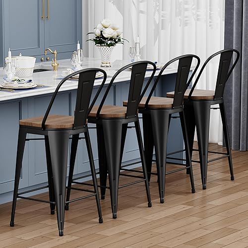 Miniatura 8 de Yongqiang Barstools Set of 4 Counter Height Bar Stools for Kitchen Island Farmhouse Metal High Back Bar Chairs Wooden Seat 24" Matte Black Negro