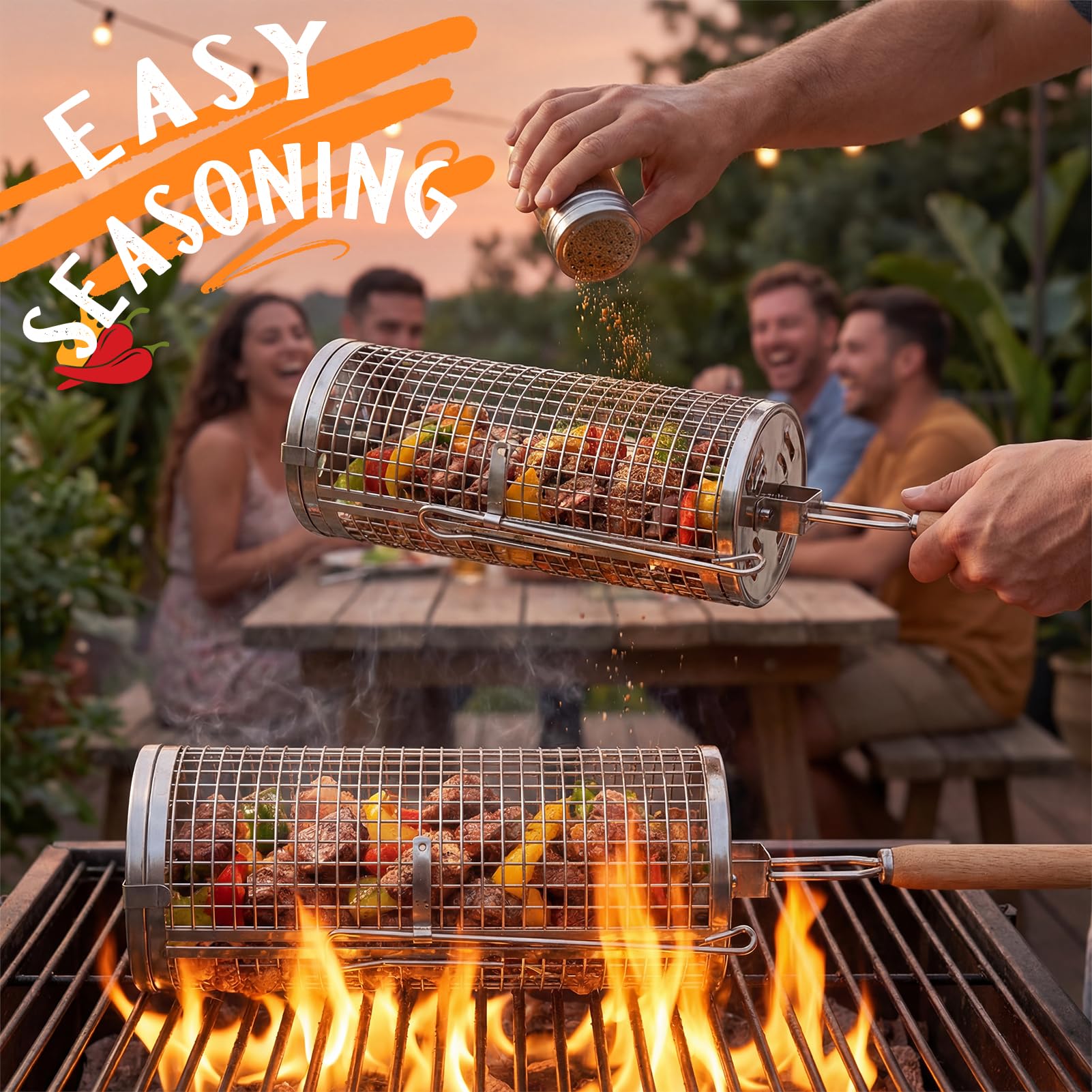 Panier à Barbecue Roulant,2 Paniers à Barbecue Emboîtables Poignée en Bois Détachable Double Accès Acier Inoxydable 304 avec Brosse à Huile Accessoire Cuisson Extérieur Camping Cadeau pour Homme Papa