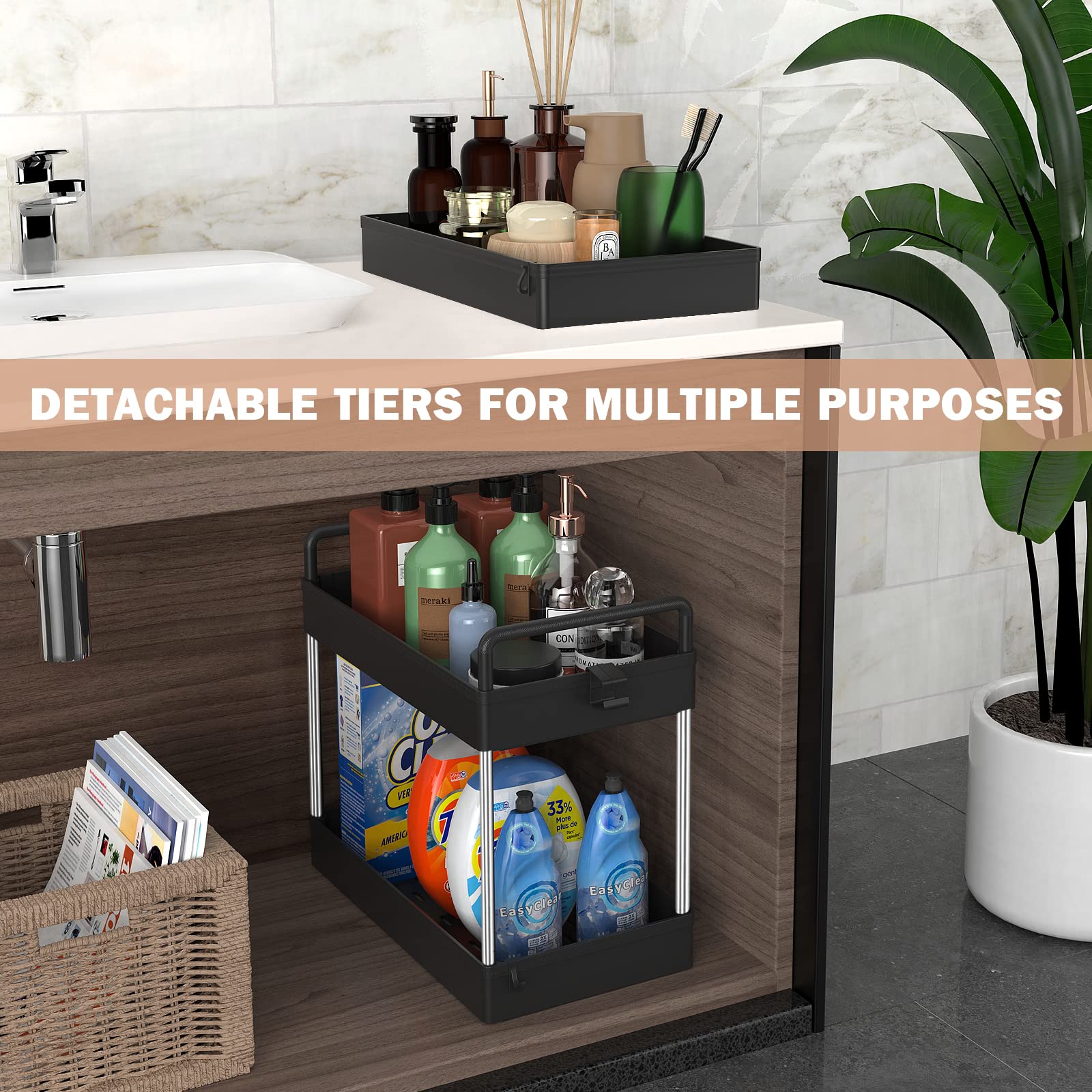 Ronlap 3 Tier Classic Storage Rolling Cart, Slim Storage Cart with Wheels Slide Out Storage Rolling Cart Organizer Plastic Utility Carts for Bathroom Laundry Room Kitchen Office Narrow Place, Black