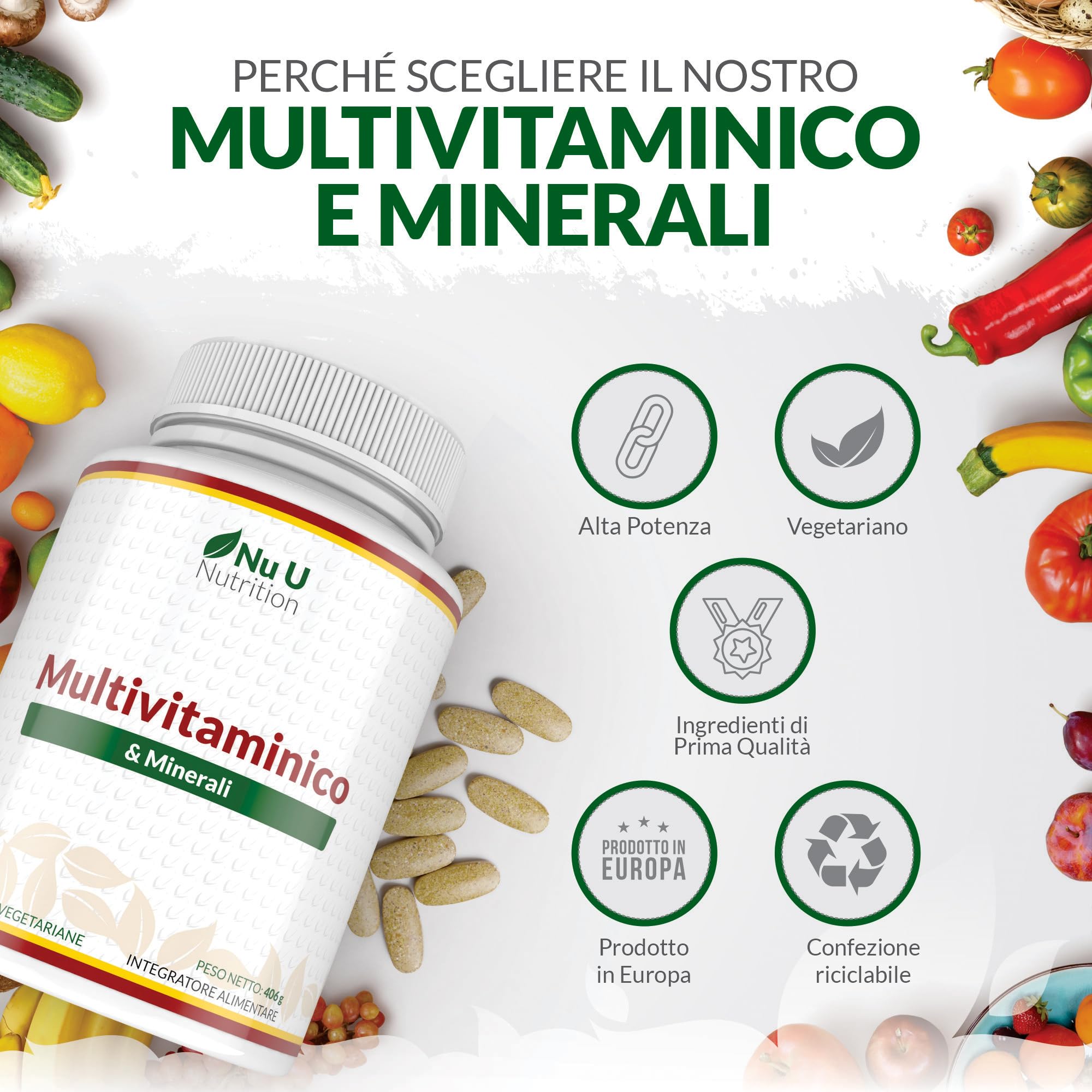 Multivitaminico Completo - 365 Compresse (1 Anno di Scorta) - 25 Vitamine e Minerali Essenziali per Uomo e Donna - Adatto ai Vegetariani - Prodotto in Europa - Integratore Nu U Nutrition
