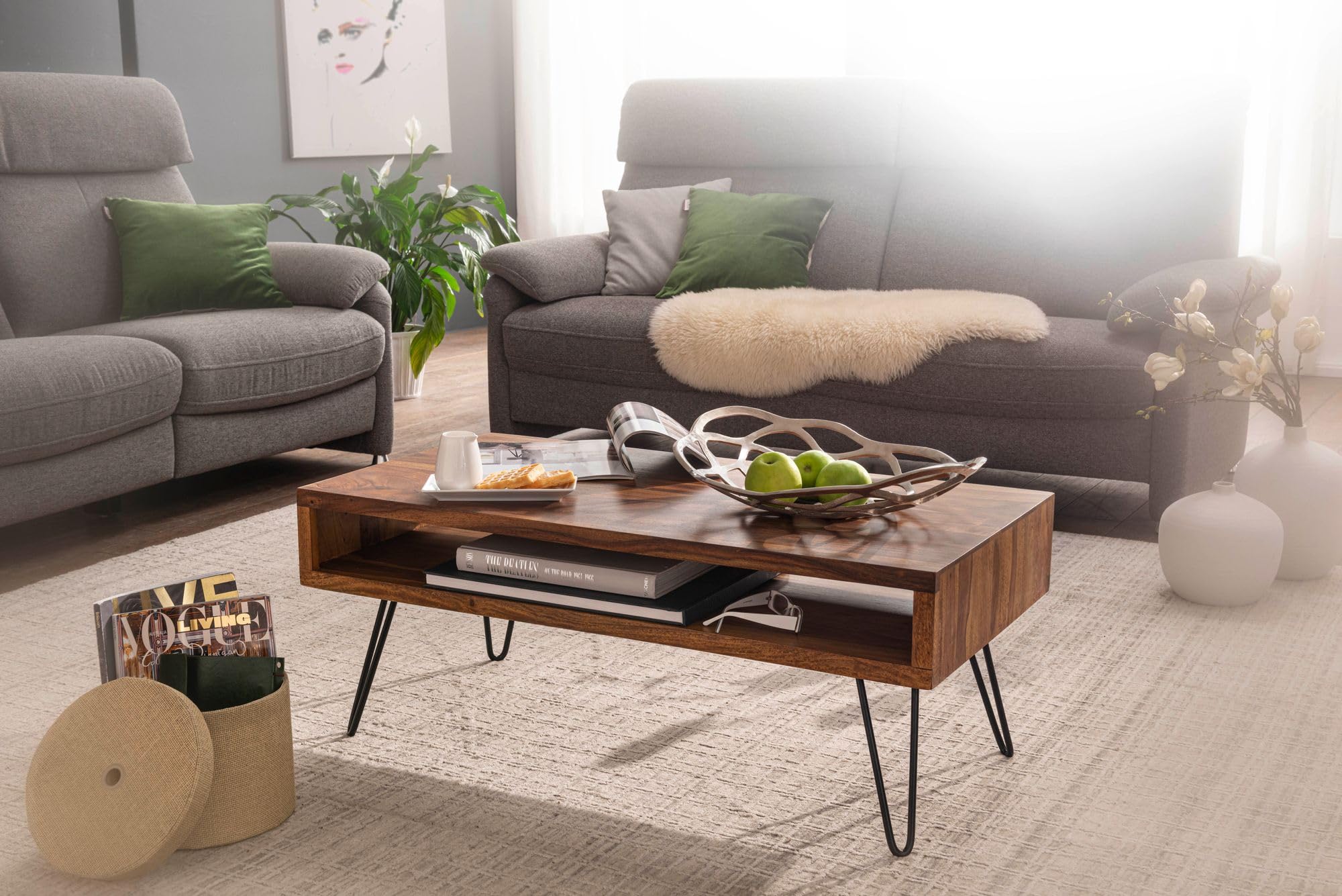 FineBuy Mesa de Centro Moderna 100x50x40 cm Madera Maciza de Sheesham y Metal | Mesa Auxiliar con Estante para Salón | Mesita Café Grande Rectangular para Sofá | Mesa rectangular industrial para sala de estar, mesa de sofá de madera real de segundo nivel,