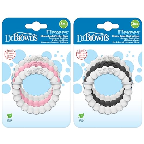 Dr. Brown's Flexees - Anillos mordedores para bebé, suave 100% silicona, paquete de 6, negro, blanco, gris, rosa, sin BPA, 3 meses +