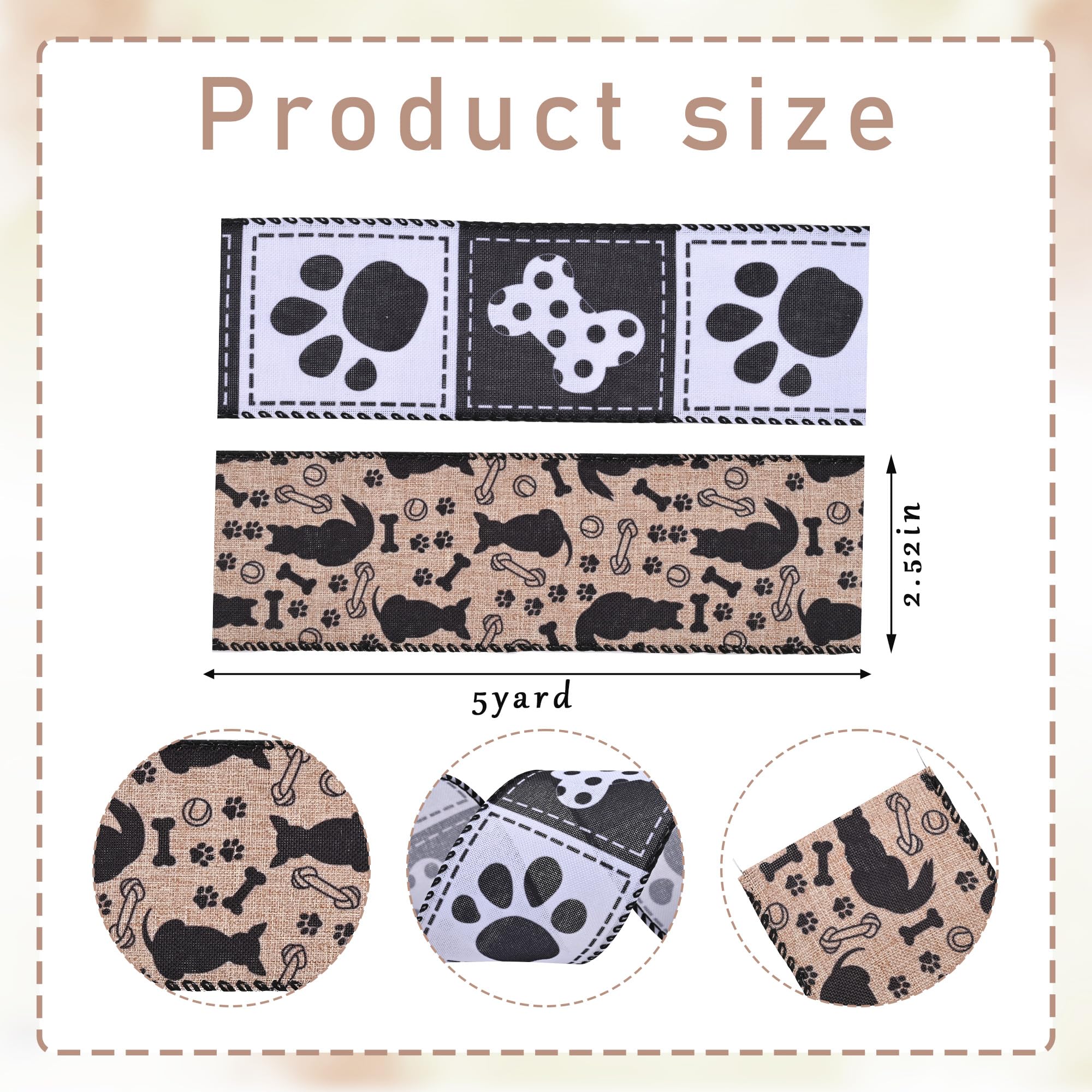 Ribreeze 10 Yards Paw Print Wired Ribbon Set 2 Rolls of 2.5 Inch Natural Burlap Ribbon with Black Cats and Dog Bone Design for Puppy Party Decor Farmhouse Wreaths and Gift Wrapping