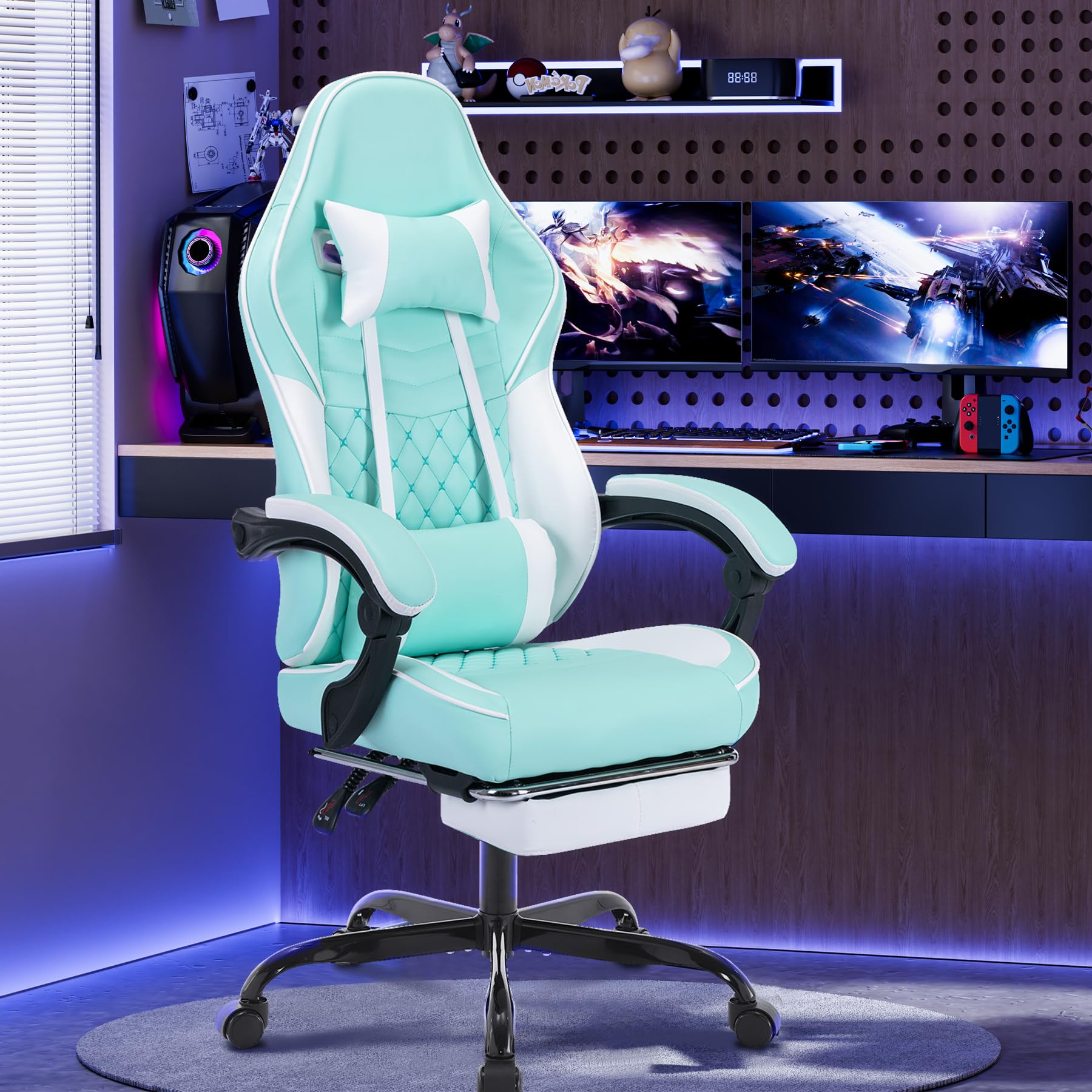 Gaming Chair with Footrest, High Back Ergonomic Computer Chair, Height Adjustable Game Chair with Headrest and Lumbar Support for Office or Gaming (Green with Massage)