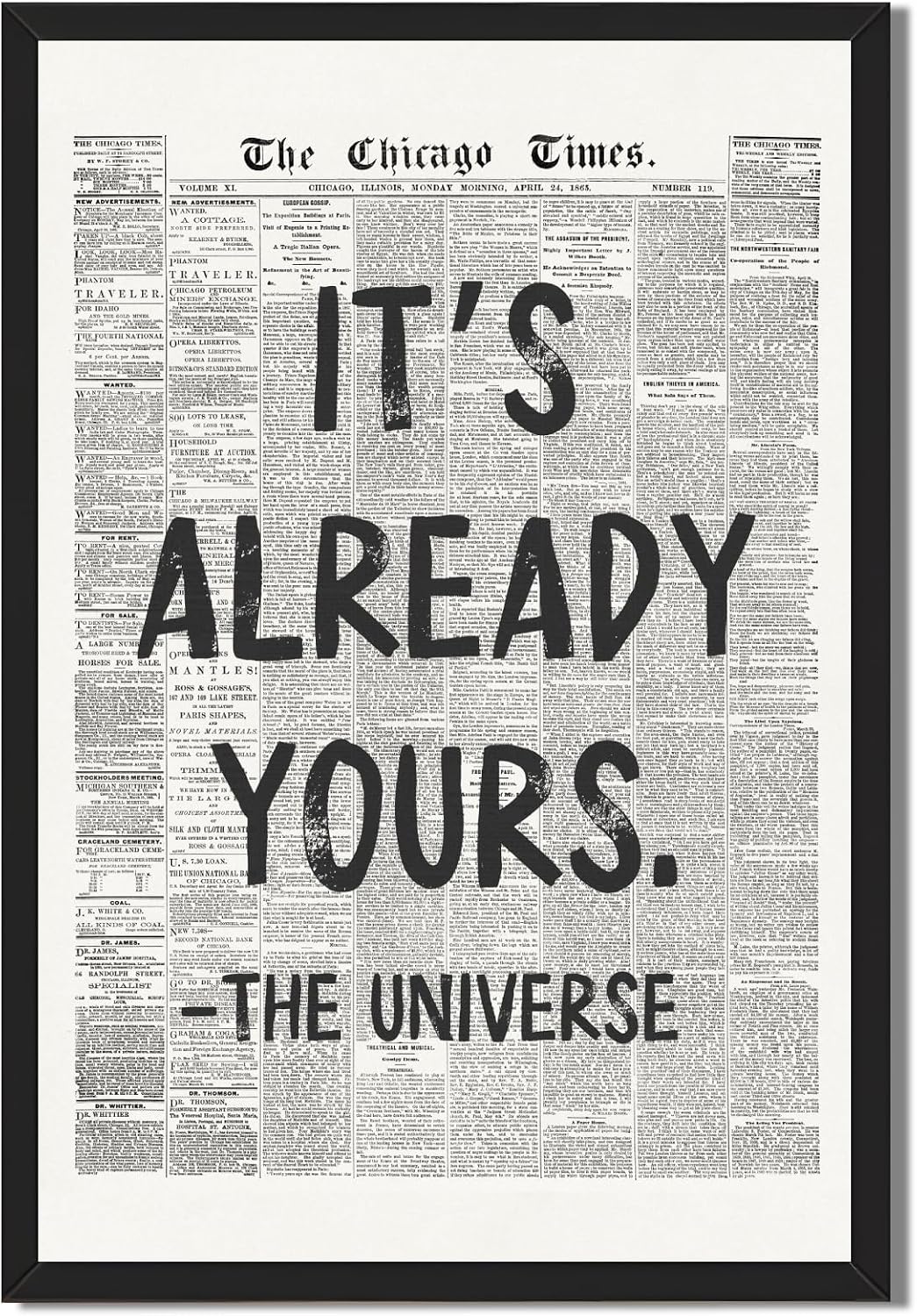 Licpach Retro Black and White Newspaper Wall Art It’s Already Yours – The Universe Positive Quote Poster Inspirational Canvas Print Motivational Wall Decor for Office Bedroom 8x12inch Black Frame
